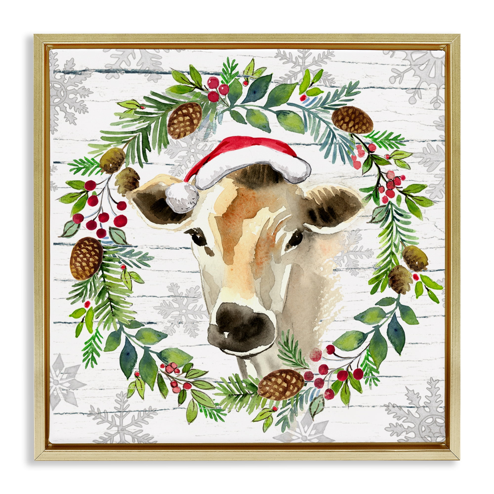 Stupell Industries Winter Farmhouse Cow Wreath Holiday Painting Gold Floater Framed Canvas Art Print Wall Art, 25 x 25