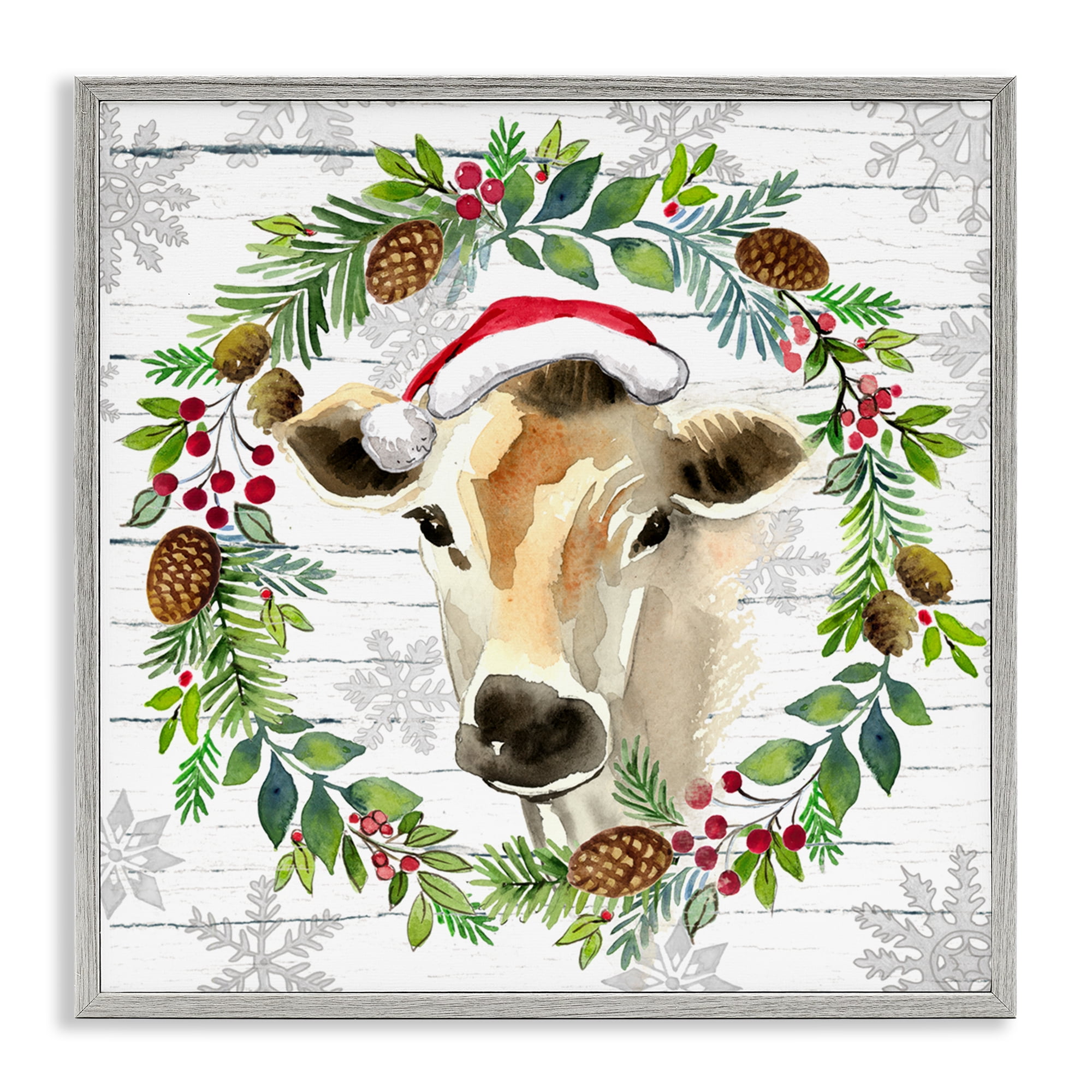 Stupell Industries Winter Farmhouse Cow Wreath Holiday Painting Gray Framed Art Print Wall Art, 17 x 17