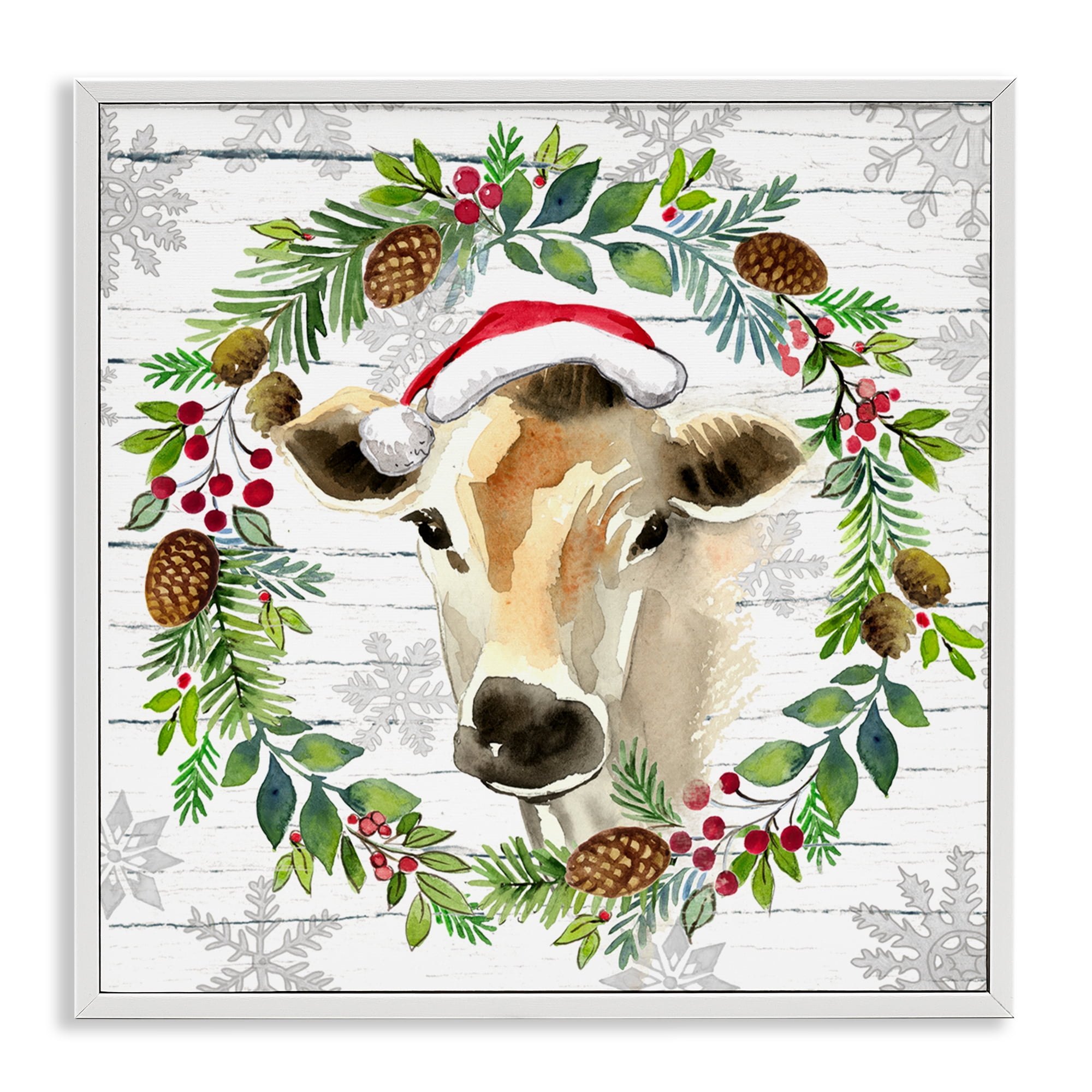 Stupell Industries Winter Farmhouse Cow Wreath Holiday Painting White Framed Art Print Wall Art, 17 x 17