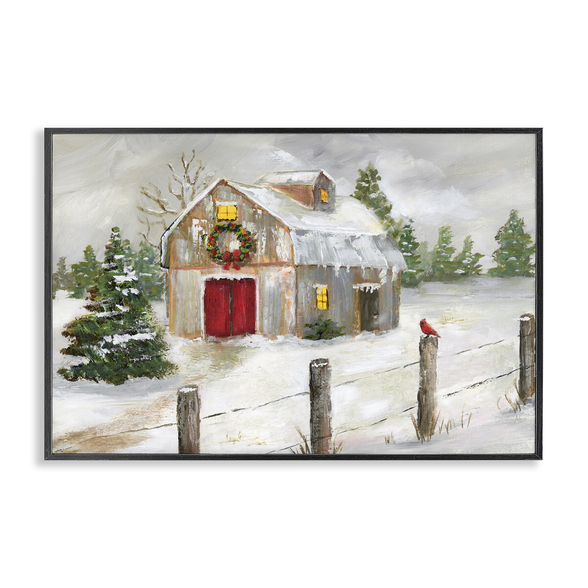 Stupell Industries Winter Farmhouse Scene Holiday Painting Black Framed Art Prints Wall Art, 18 x 12