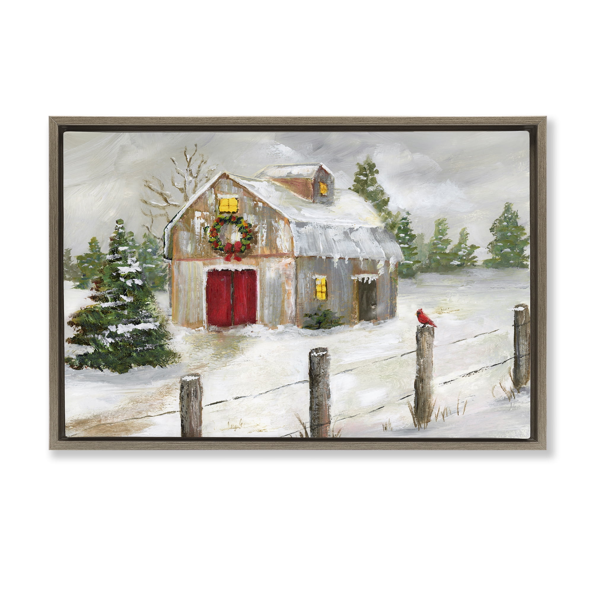 Stupell Industries Winter Farmhouse Scene Holiday Painting Brown Floater Framed Canvas Art Prints Wall Art, 31 x 21