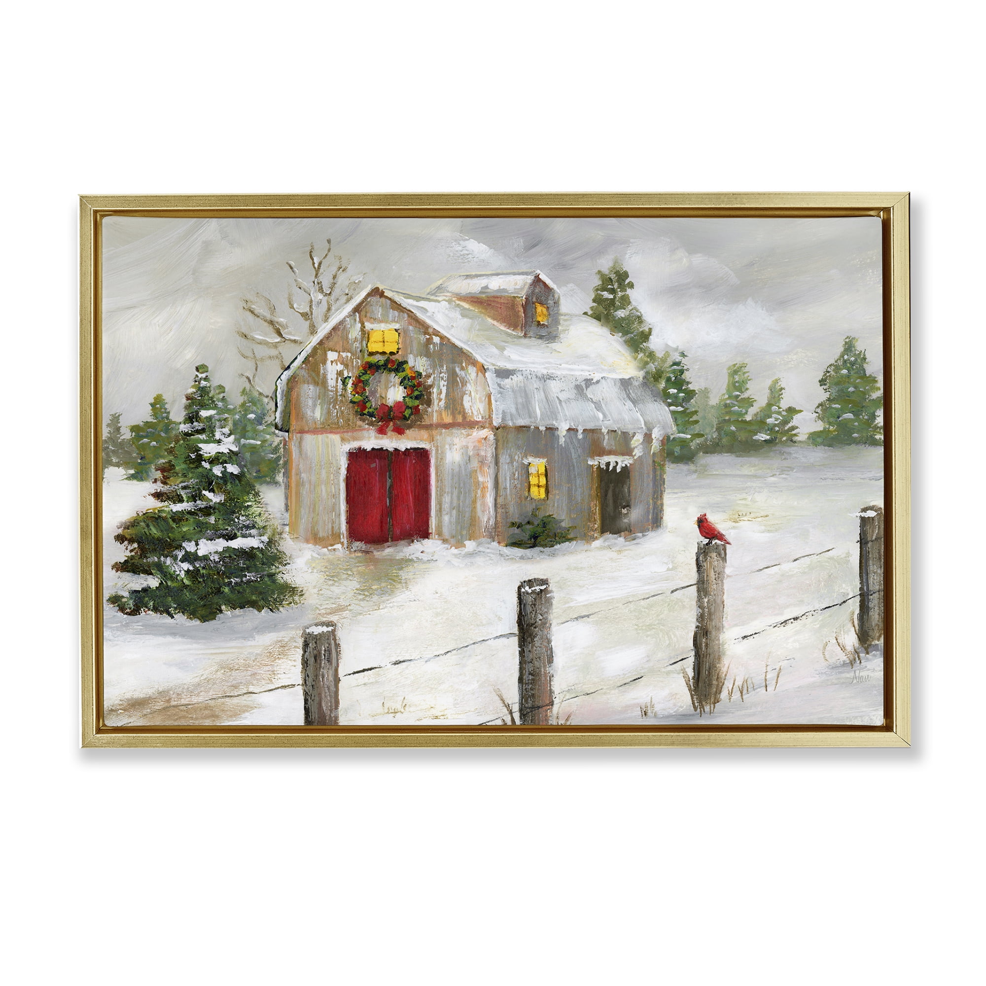 Stupell Industries Winter Farmhouse Scene Holiday Painting Gold Floater Framed Canvas Art Prints Wall Art, 25 x 17