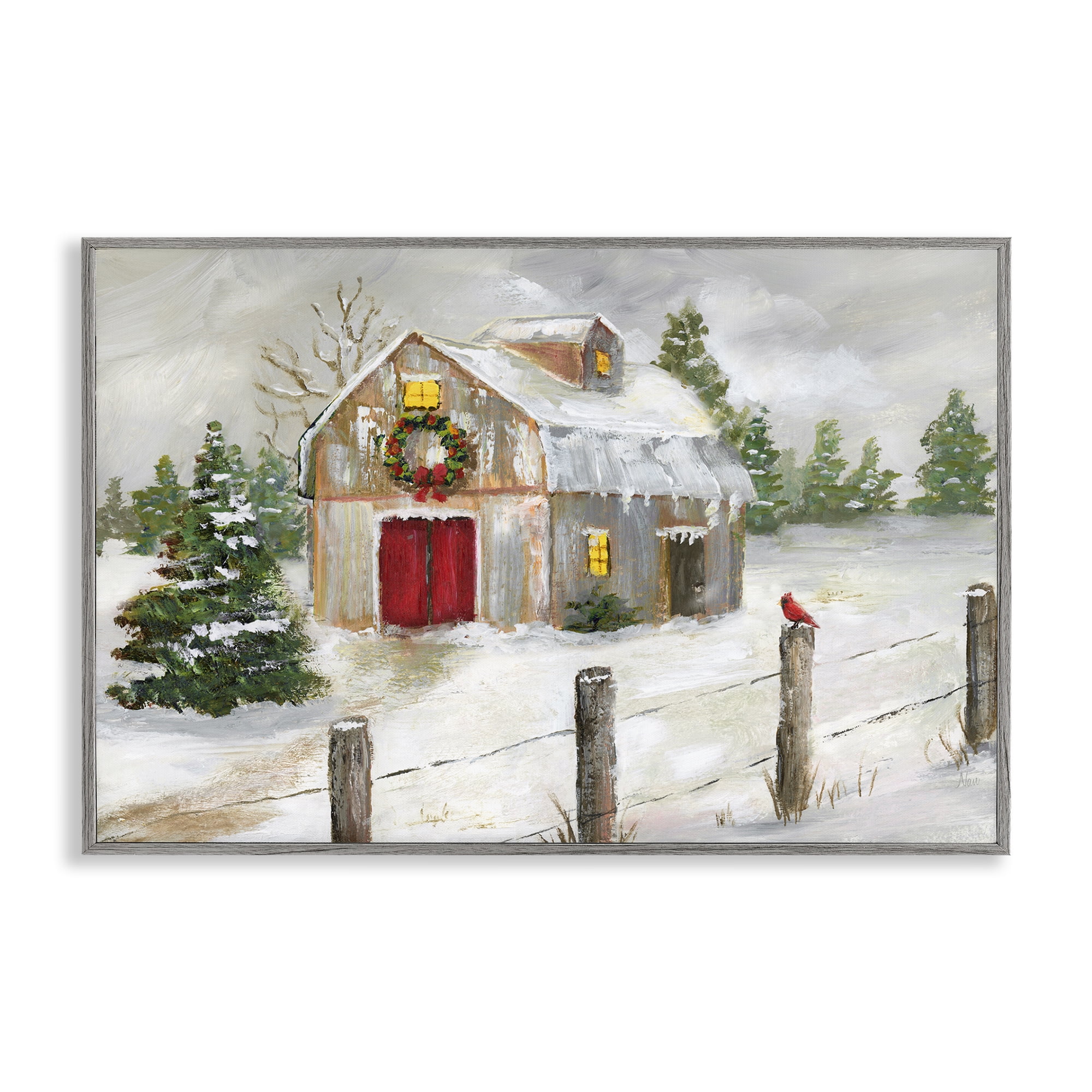 Stupell Industries Winter Farmhouse Scene Holiday Painting Gray Framed Art Prints Wall Art, 24 x 16