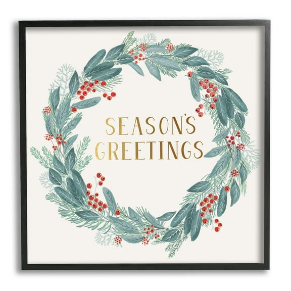 Stupell Industries Winter Foliage Red Holly Wreath Season's Greetings Typography Botanical & Floral Painting Black Framed Art Print Wall Art, 12 x 12