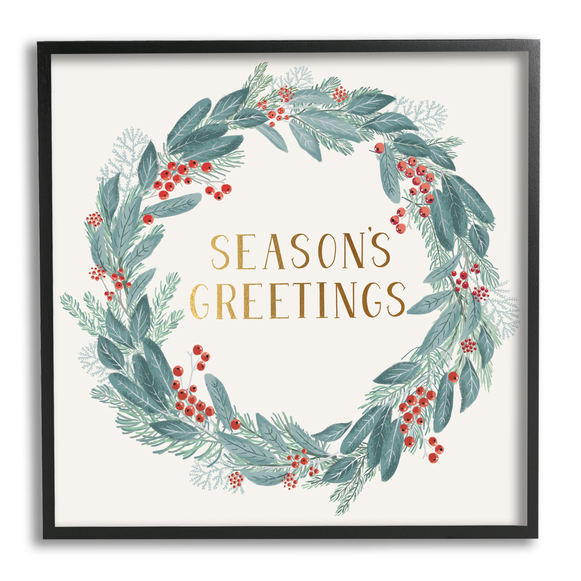 Stupell Industries Winter Foliage Red Holly Wreath Season's Greetings Typography Botanical & Floral Painting Black Framed Art Print Wall Art, 24 x 24