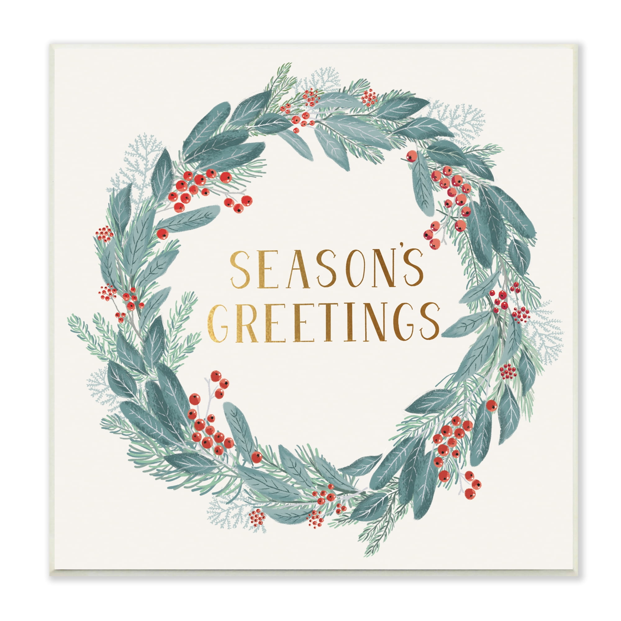 Stupell Industries Winter Foliage Red Holly Wreath Season's Greetings Typography Botanical & Floral Painting Unframed Art Print Wall Art, 12 x 12