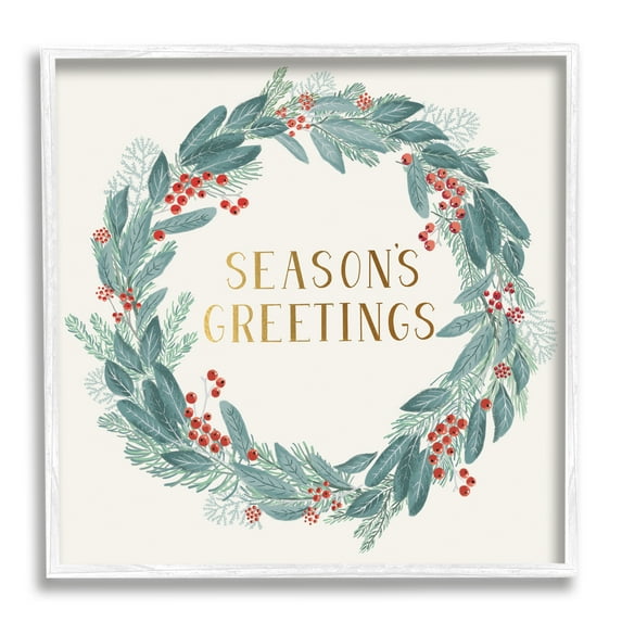 Stupell Industries Winter Foliage Red Holly Wreath Season's Greetings Typography Botanical & Floral Painting White Framed Art Print Wall Art, 12 x 12