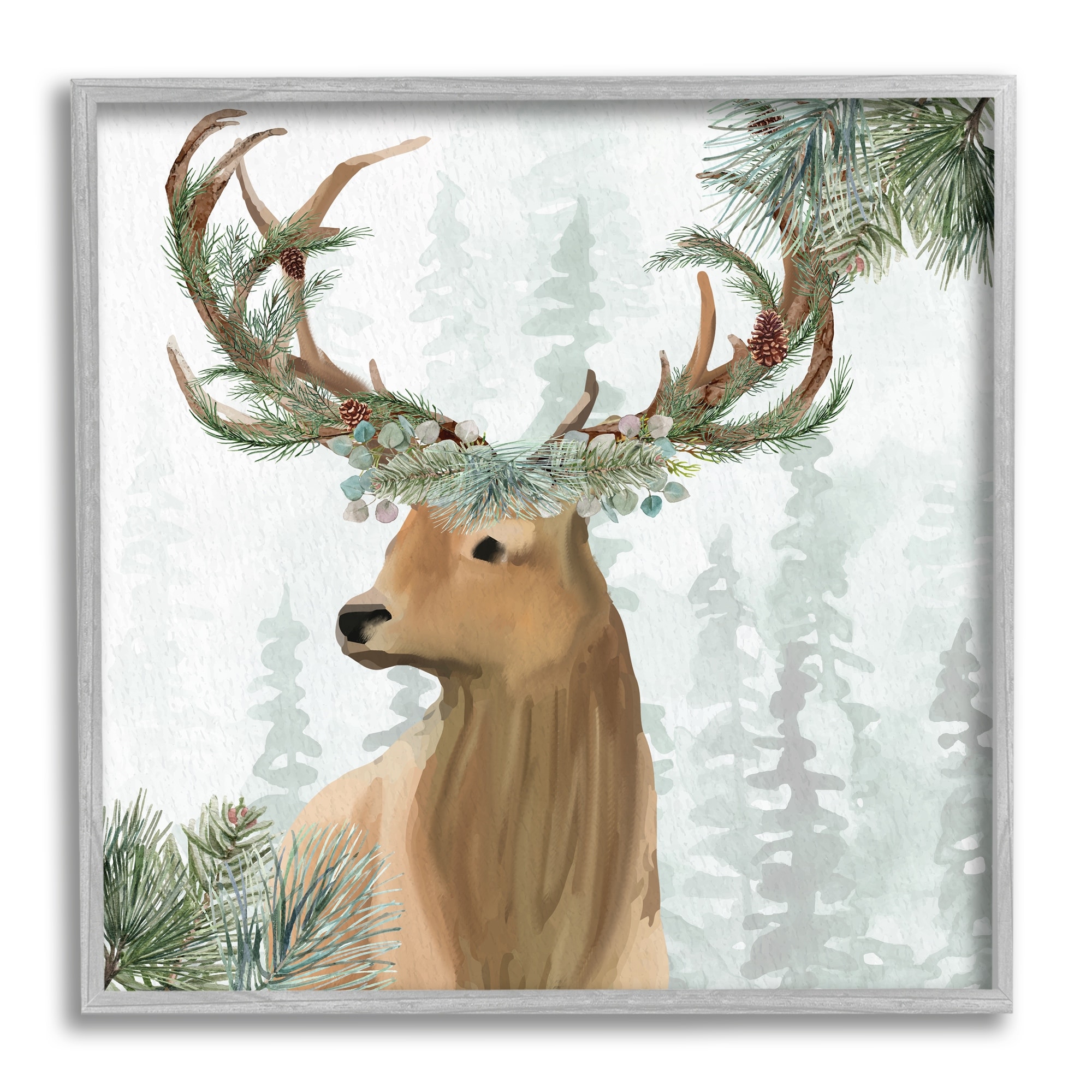 Stupell Industries Winter Forest Elk Festive Pine Antlers Woodland Trees, 24 x 24,Design by Kim Allen