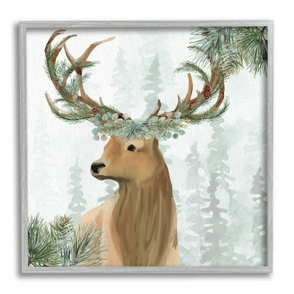 Stupell Industries Winter Forest Elk Festive Pine Antlers Woodland Trees Paintings Gray Framed Art Print Wall Art, 17x17, by Kim Allen