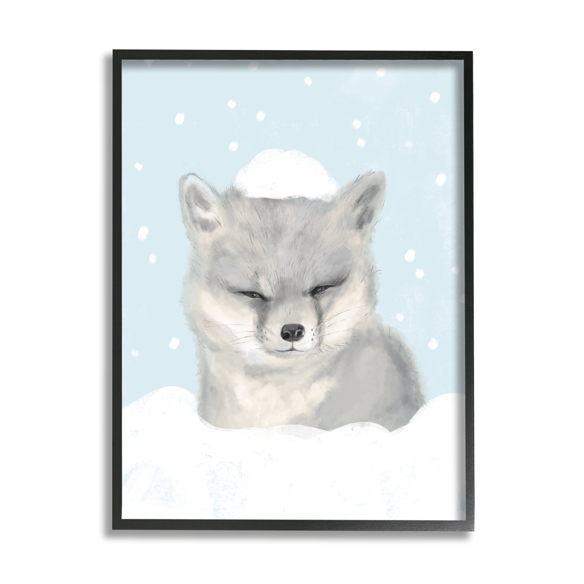 Stupell Industries Winter Fox Falling Snow Adorable Forest Animal Animals & Insects Painting Black Framed Art Print Wall Art, 24 x 30