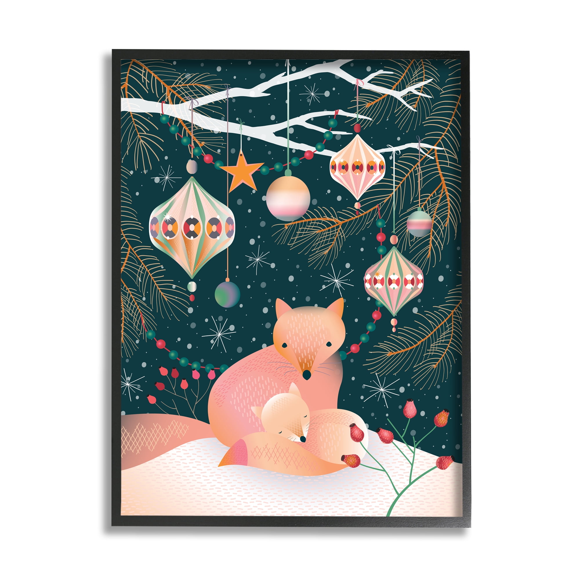 Stupell Industries Winter Foxes Beneath Tree Holiday Painting Black Framed Art Print Wall Art, 24 x 30