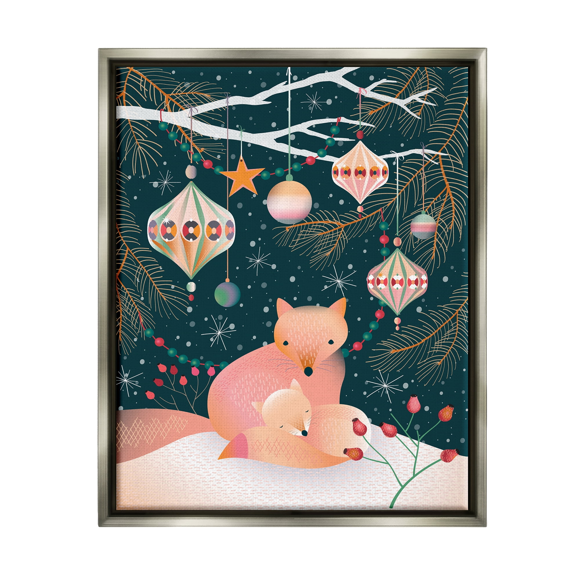 Stupell Industries Winter Foxes Beneath Tree Holiday Painting Gray Floater Framed Canvas Art Print Wall Art, 25 x 31