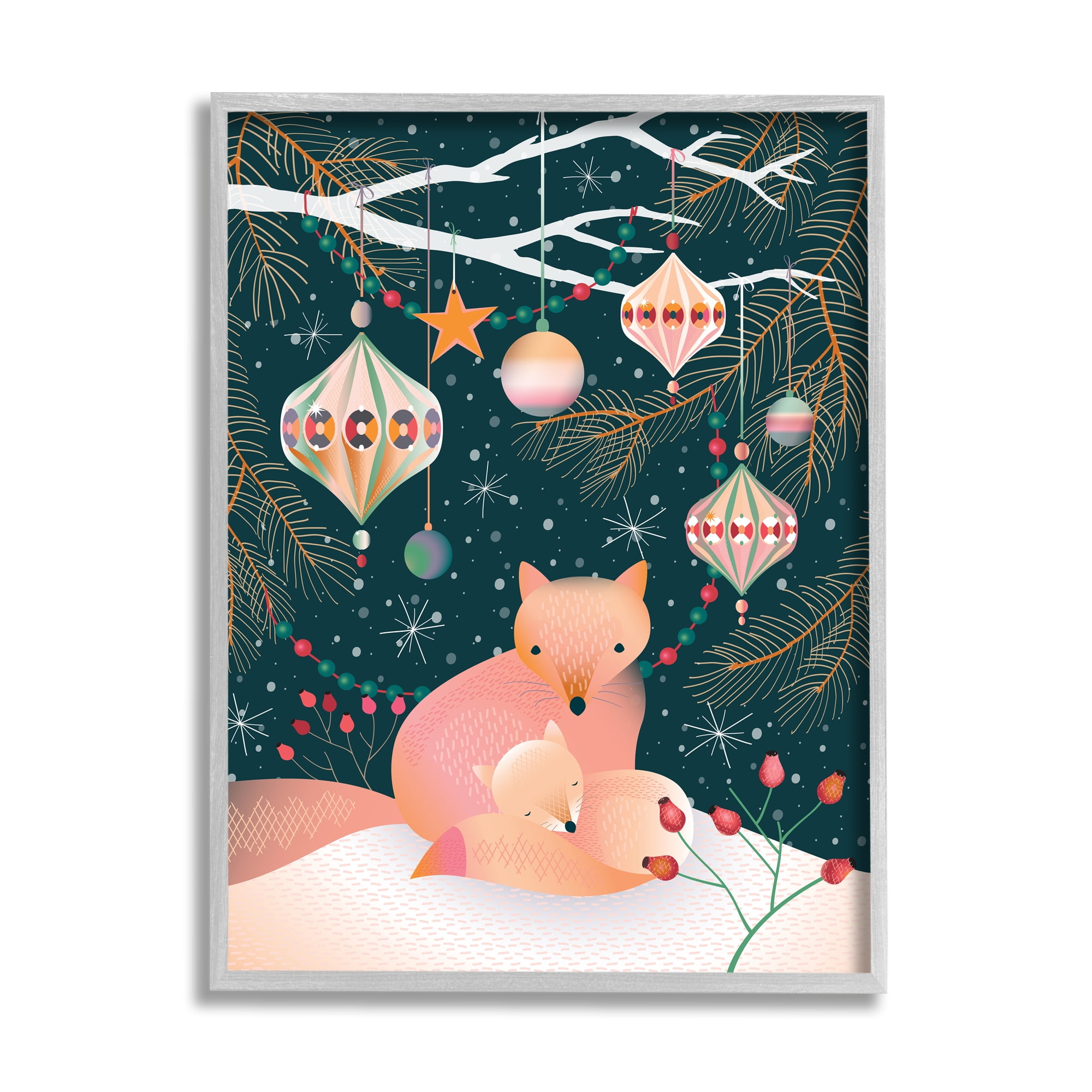 Stupell Industries Winter Foxes Beneath Tree Holiday Painting Gray Framed Art Print Wall Art, 16 x 20
