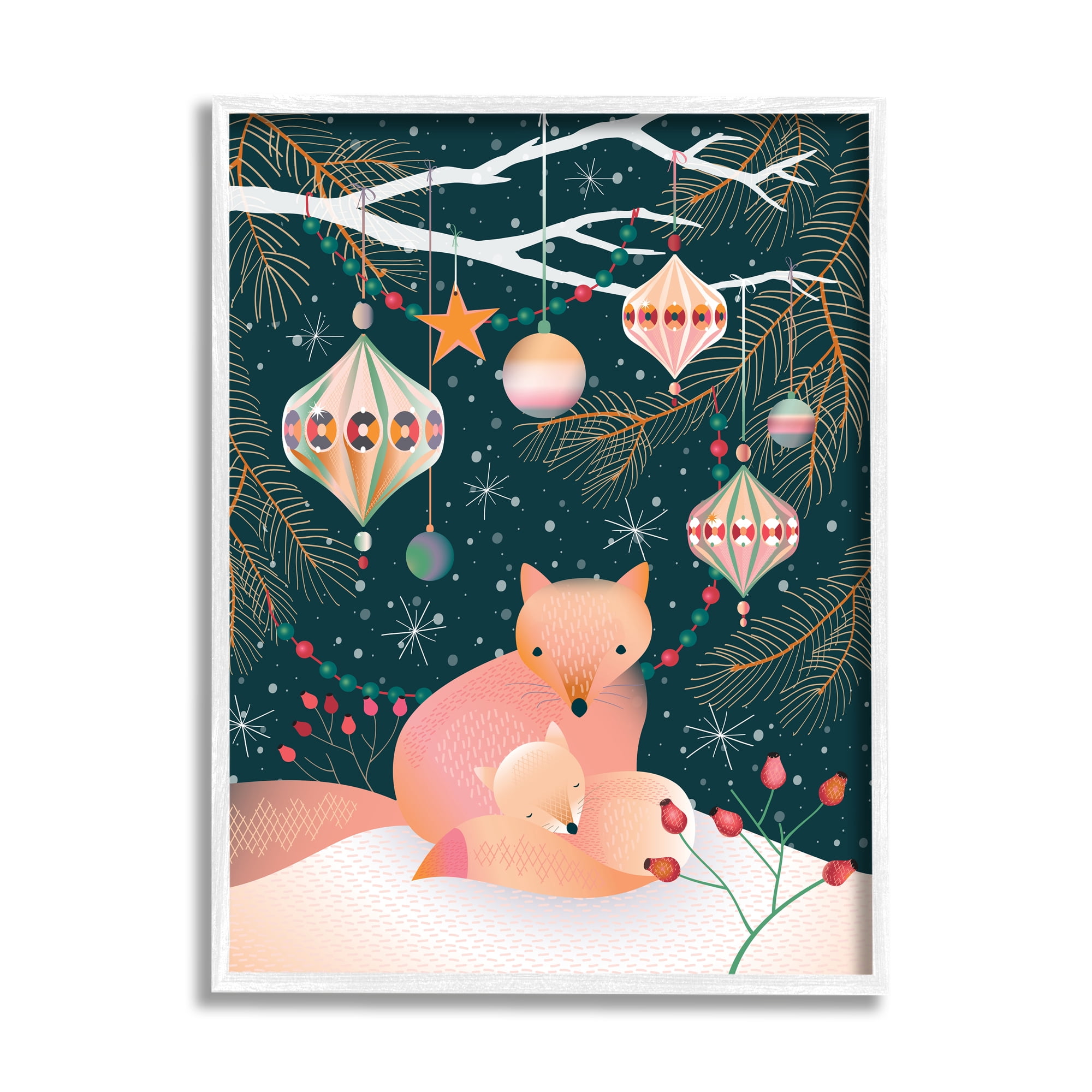 Stupell Industries Winter Foxes Beneath Tree Holiday Painting White Framed Art Print Wall Art, 24 x 30