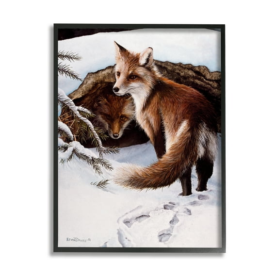 Stupell Industries Winter Foxes Wildlife Scene Animals & Insects Painting Black Framed Art Print Wall Art, 24 x 30