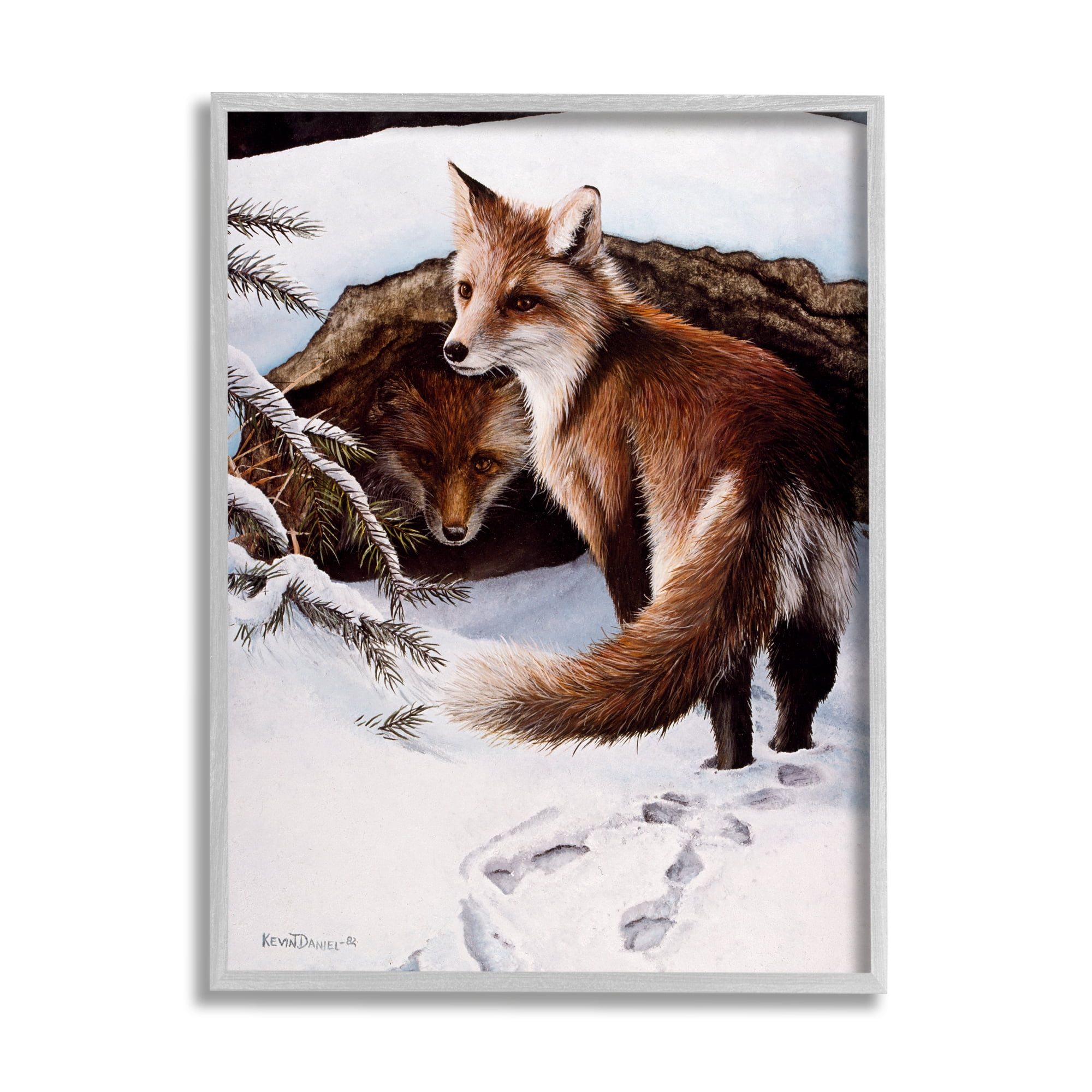 Stupell Industries Winter Foxes Wildlife Scene Animals & Insects Painting Gray Framed Art Print Wall Art, 16 x 20