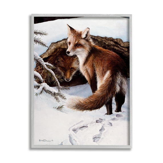 Stupell Industries Winter Foxes Wildlife Scene Animals & Insects Painting Gray Framed Art Print Wall Art, 24 x 30
