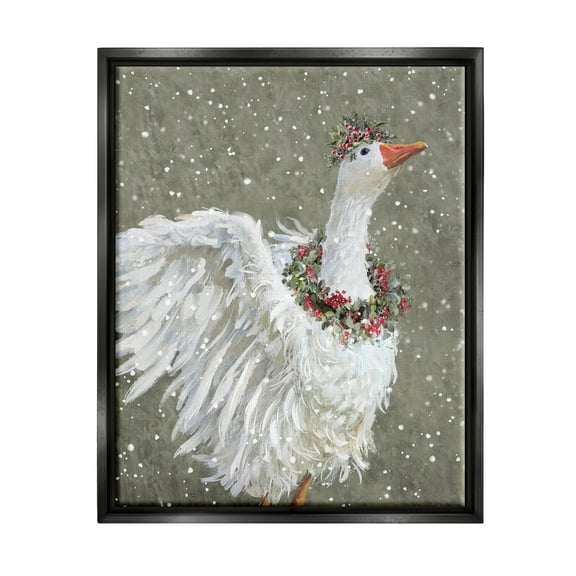 Stupell Industries Winter Goose Seasonal Botanicals Holiday Painting Black Floater Framed Art Print Wall Art
