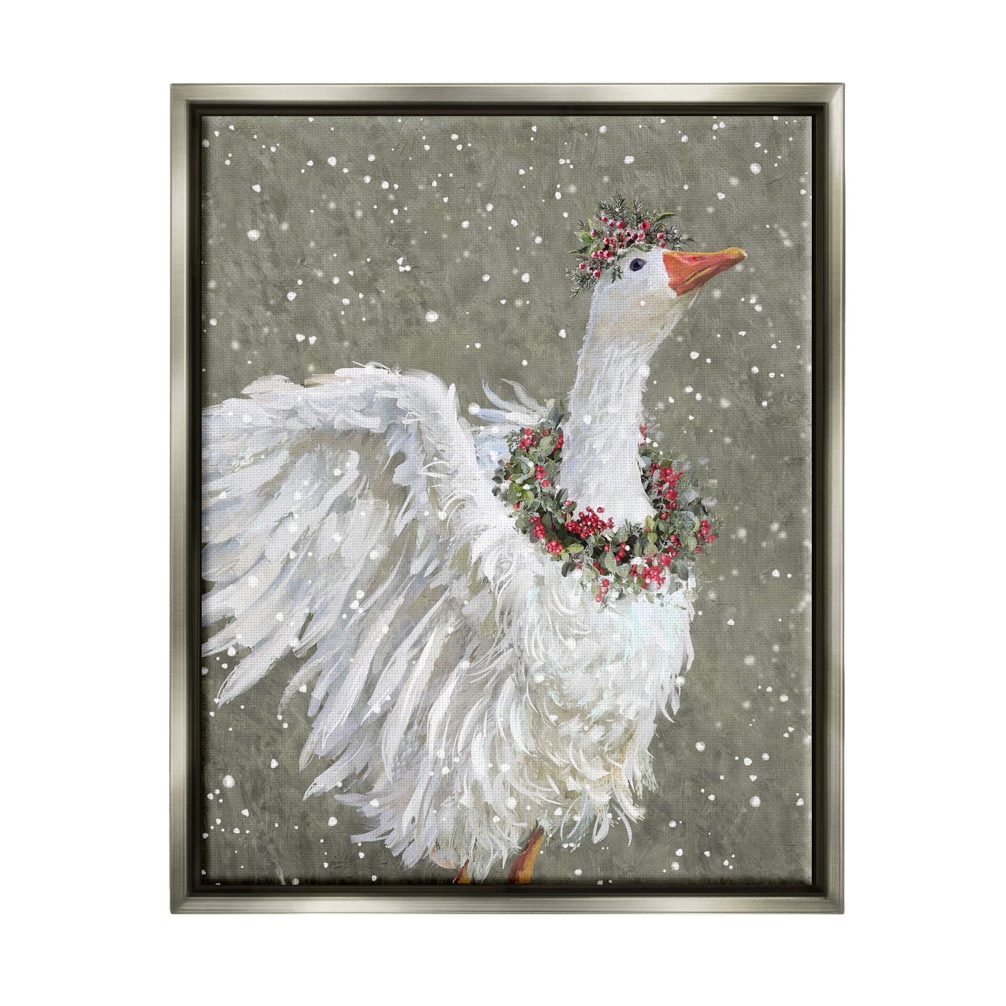 Stupell Industries Winter Goose Seasonal Botanicals Holiday Painting Gray Floater Framed Art Print Wall Art