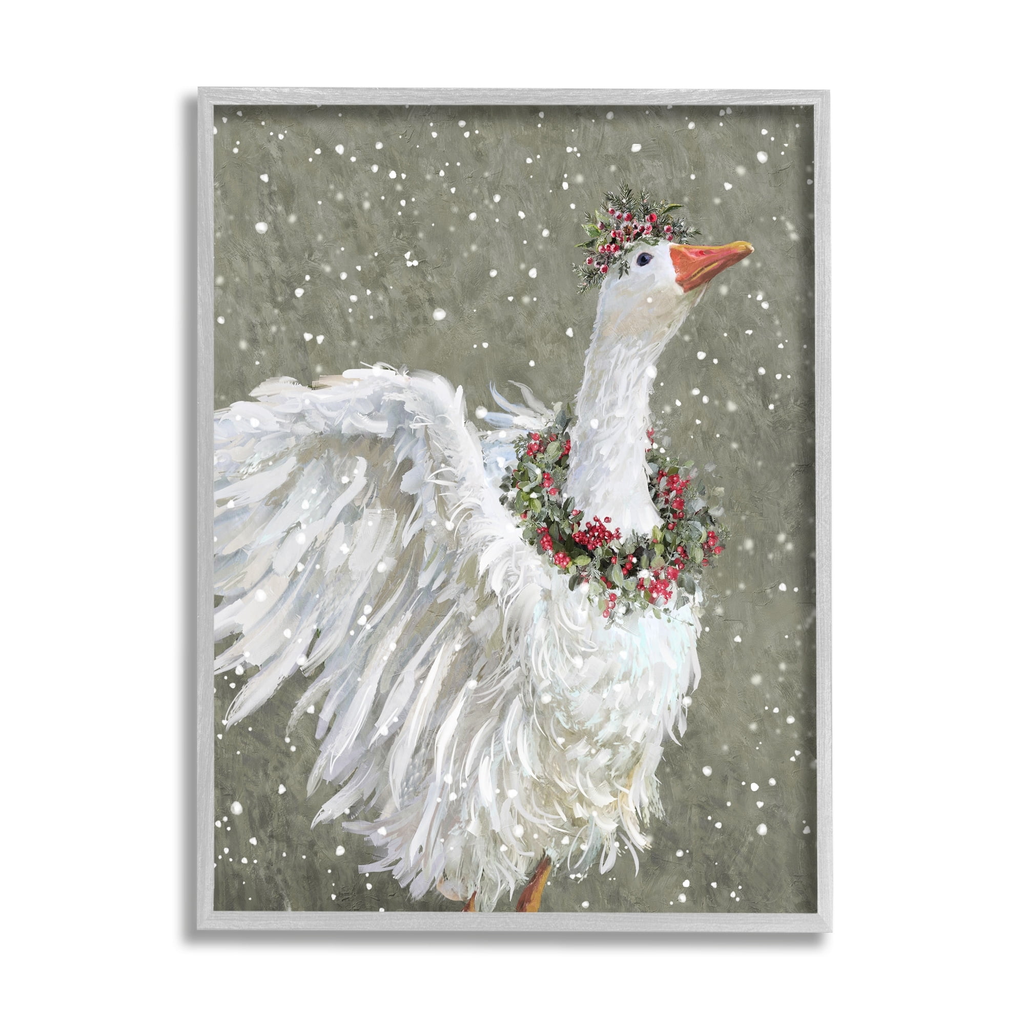 Stupell Industries Winter Goose Seasonal Botanicals Holiday Painting Gray Framed Art Print Wall Art