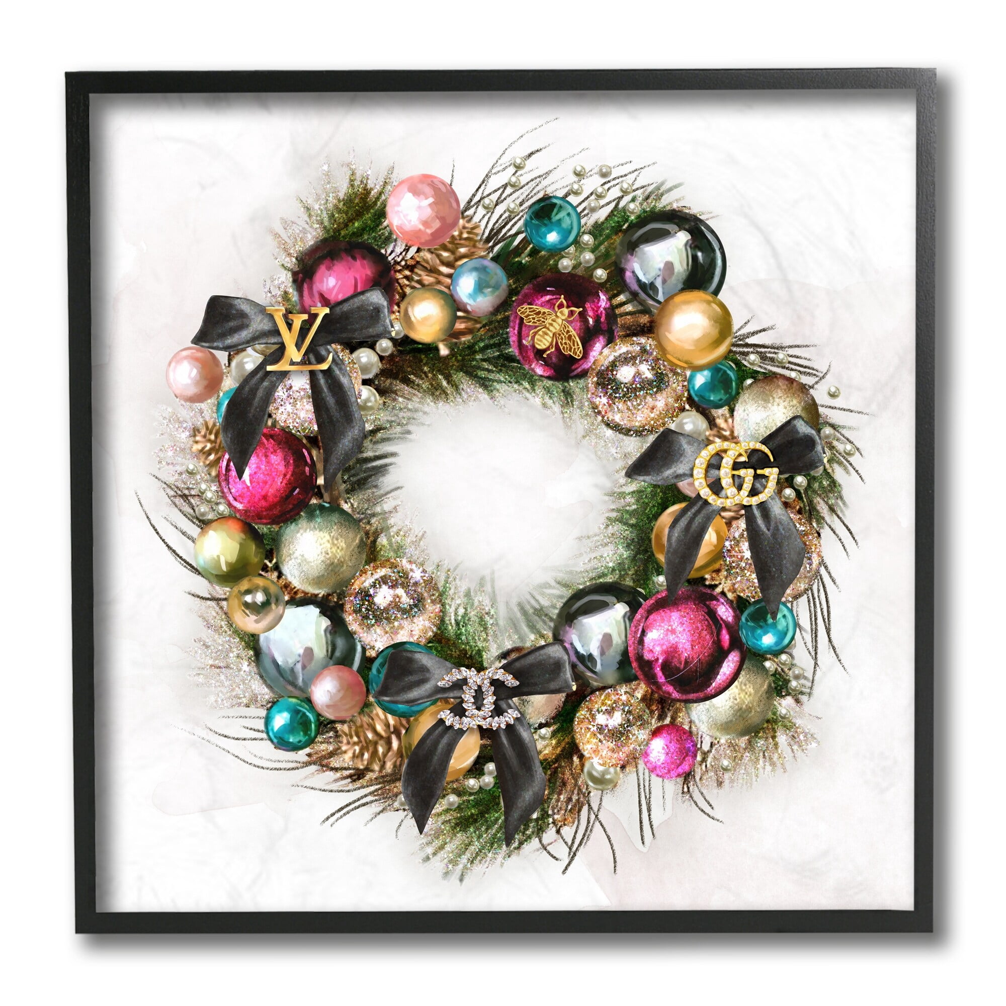 Stupell Industries Winter Holiday Wreath Designer Glam Accents Holiday Painting Black Framed Art Print Wall Art, 12 x 12