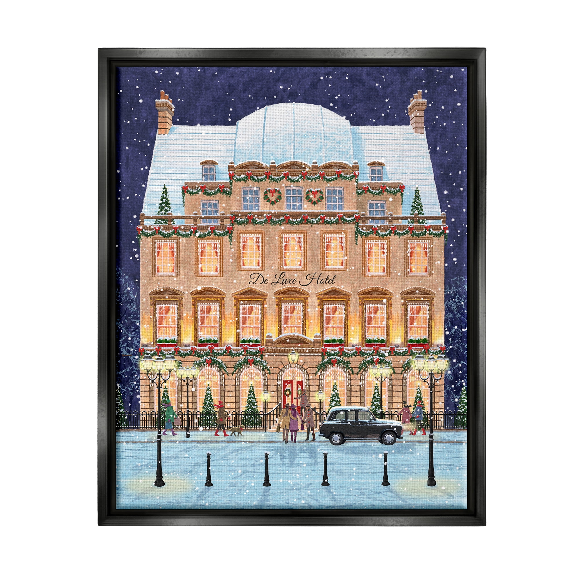 Stupell Industries Winter Hotel Christmas Festival Holiday Painting Black Floater Framed Art Print Wall Art