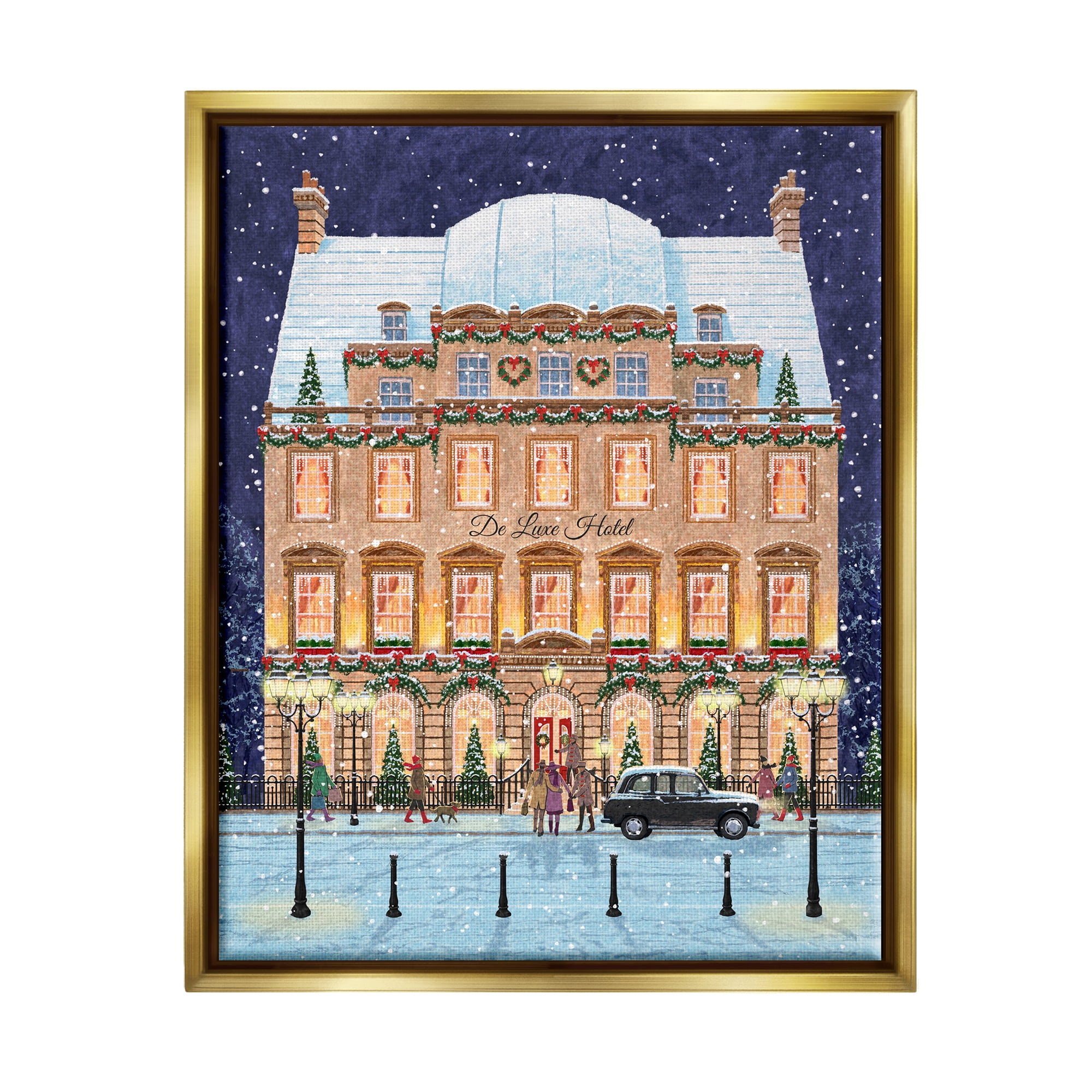 Stupell Industries Winter Hotel Christmas Festival Holiday Painting Gold Floater Framed Art Print Wall Art