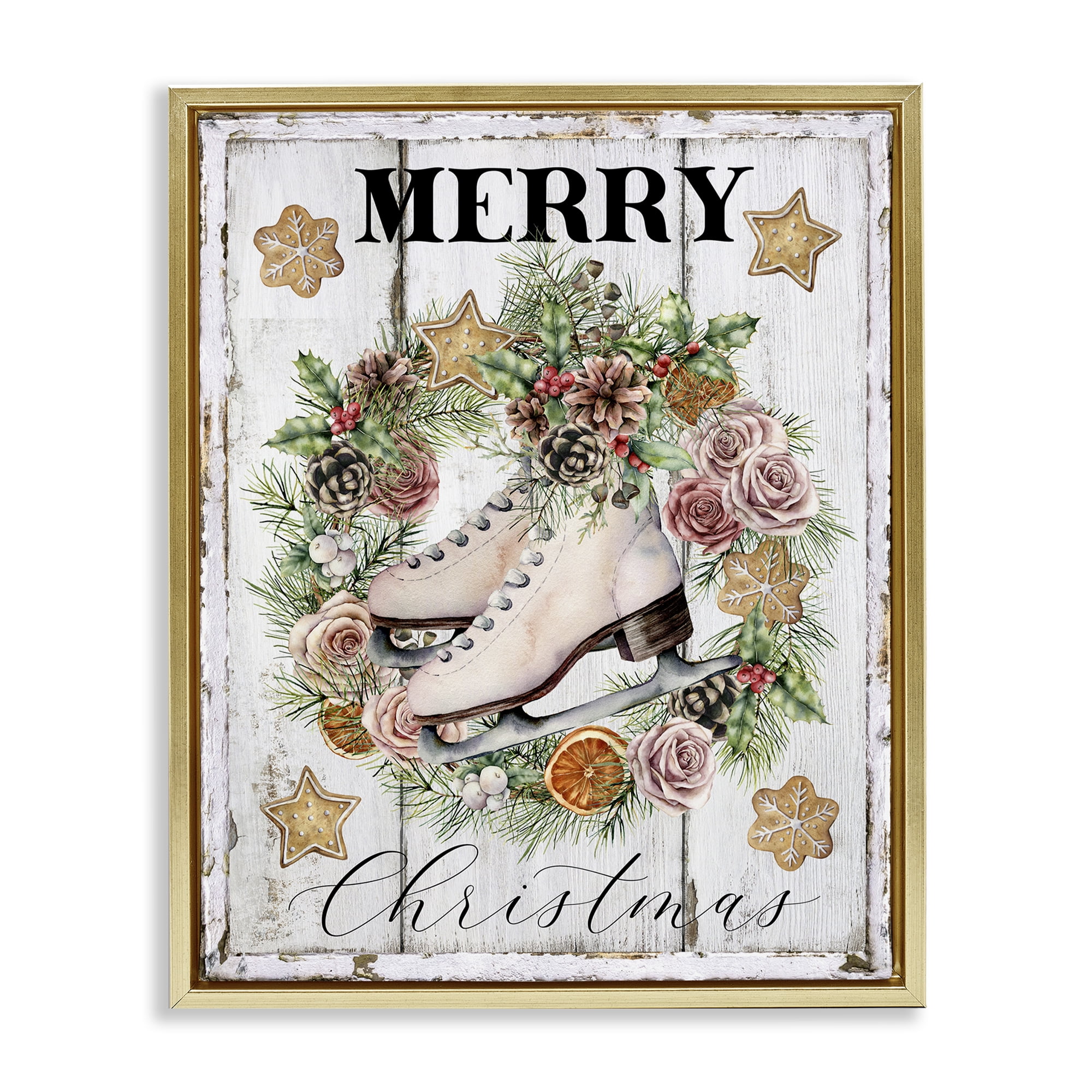 Stupell Industries Winter Ice Skates Holiday Painting Gold Floater Framed Canvas Art Prints Wall Art, 25 x 31