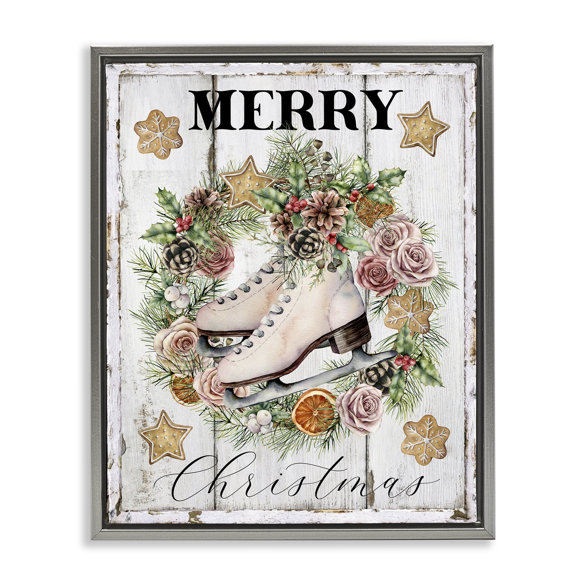 Stupell Industries Winter Ice Skates Holiday Painting Gray Floater Framed Canvas Art Prints Wall Art, 25 x 31