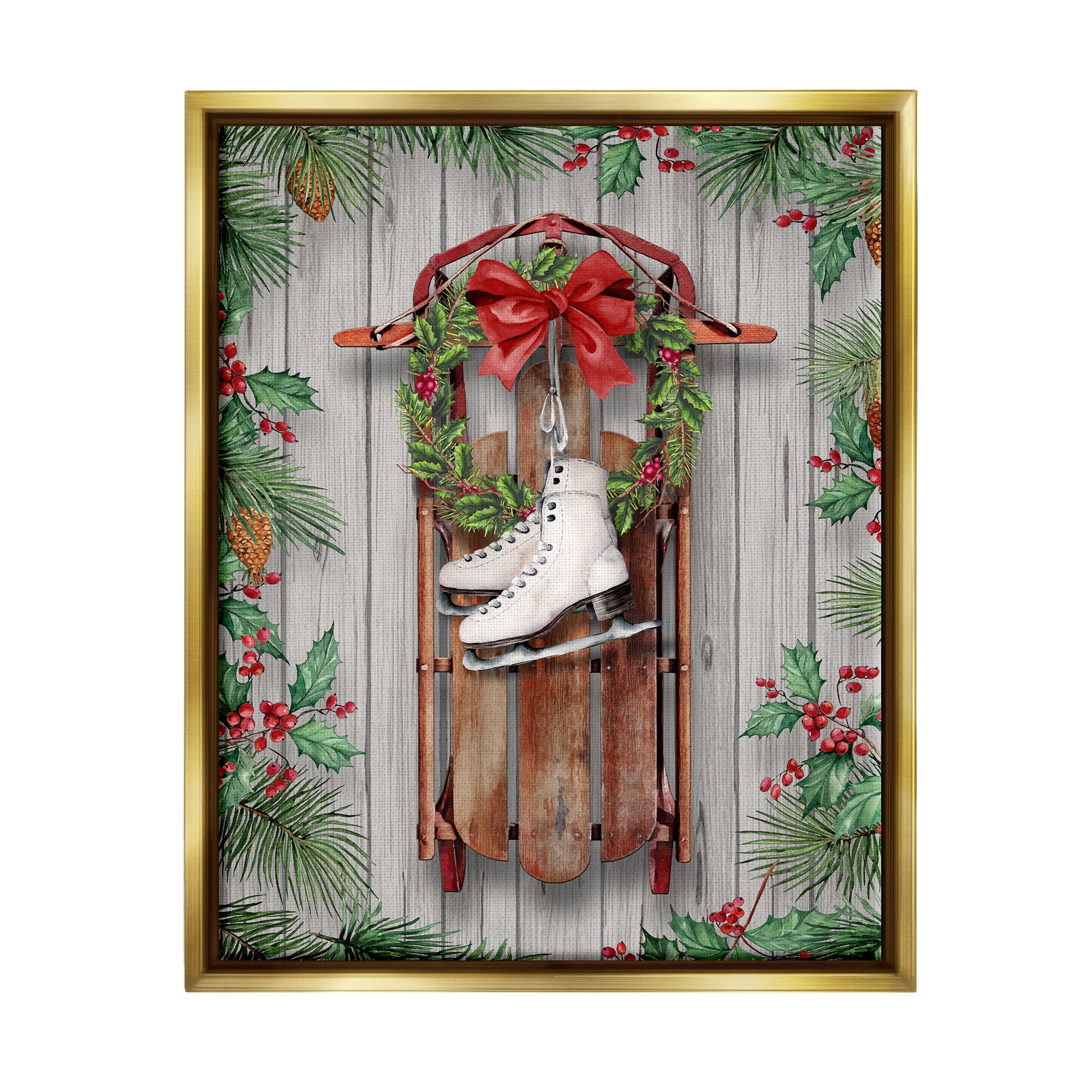 Stupell Industries Winter Ice Skates & Sled Holiday Painting Gold Floater Framed Canvas Art Print Wall Art, 17 x 21