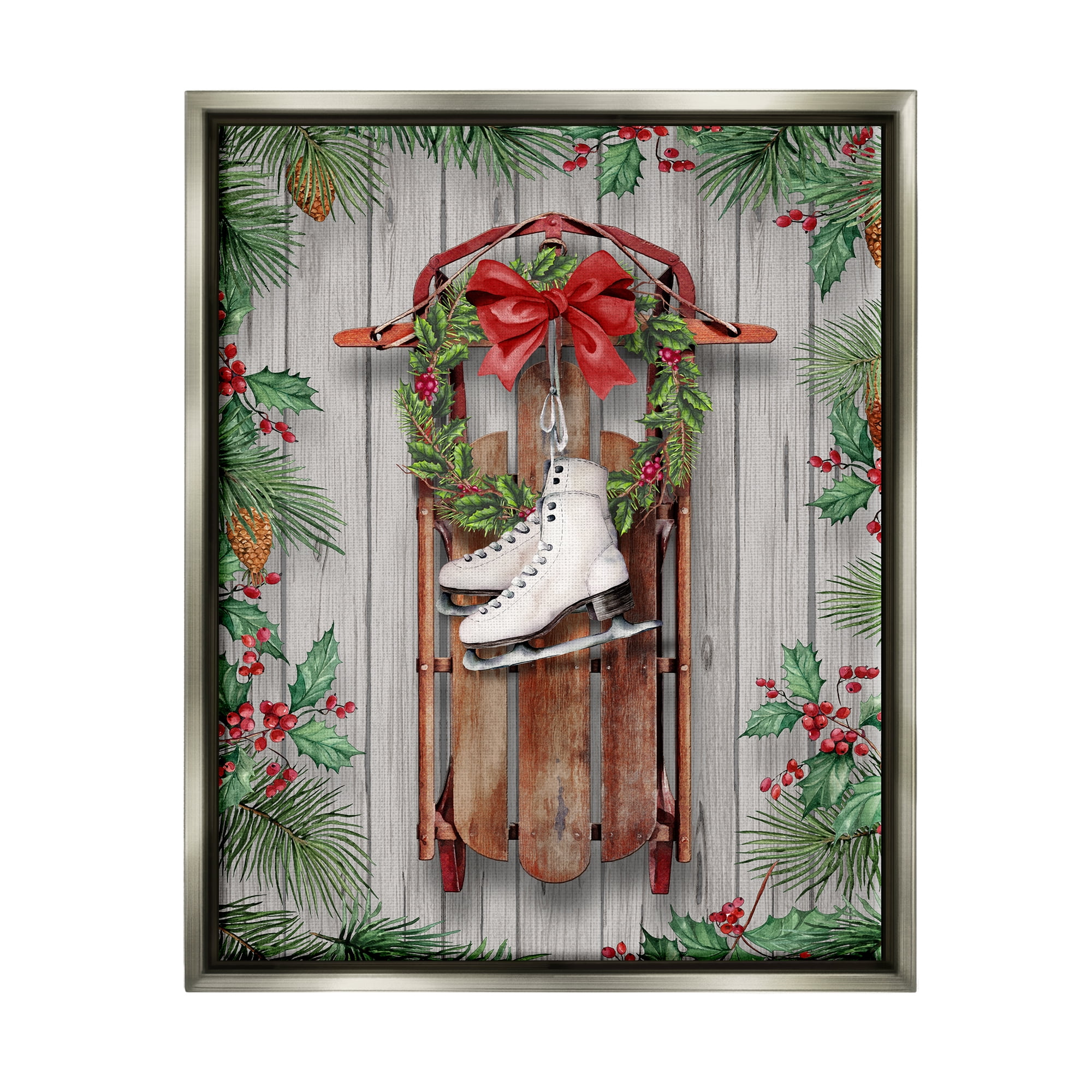 Stupell Industries Winter Ice Skates & Sled Holiday Painting Gray Floater Framed Canvas Art Print Wall Art, 25 x 31