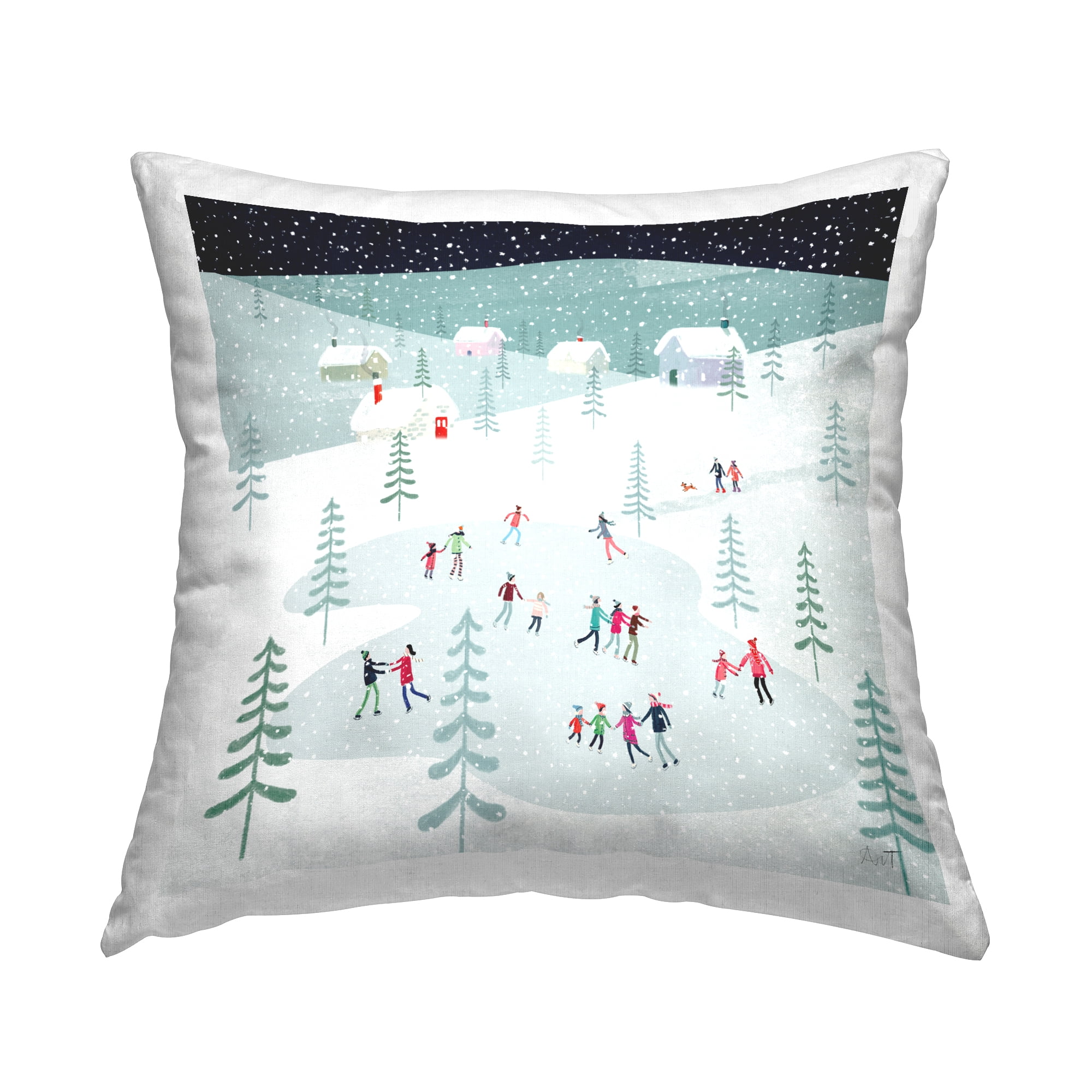 Colorful Winter Ice Skating Scene Graphic Throw Pillow