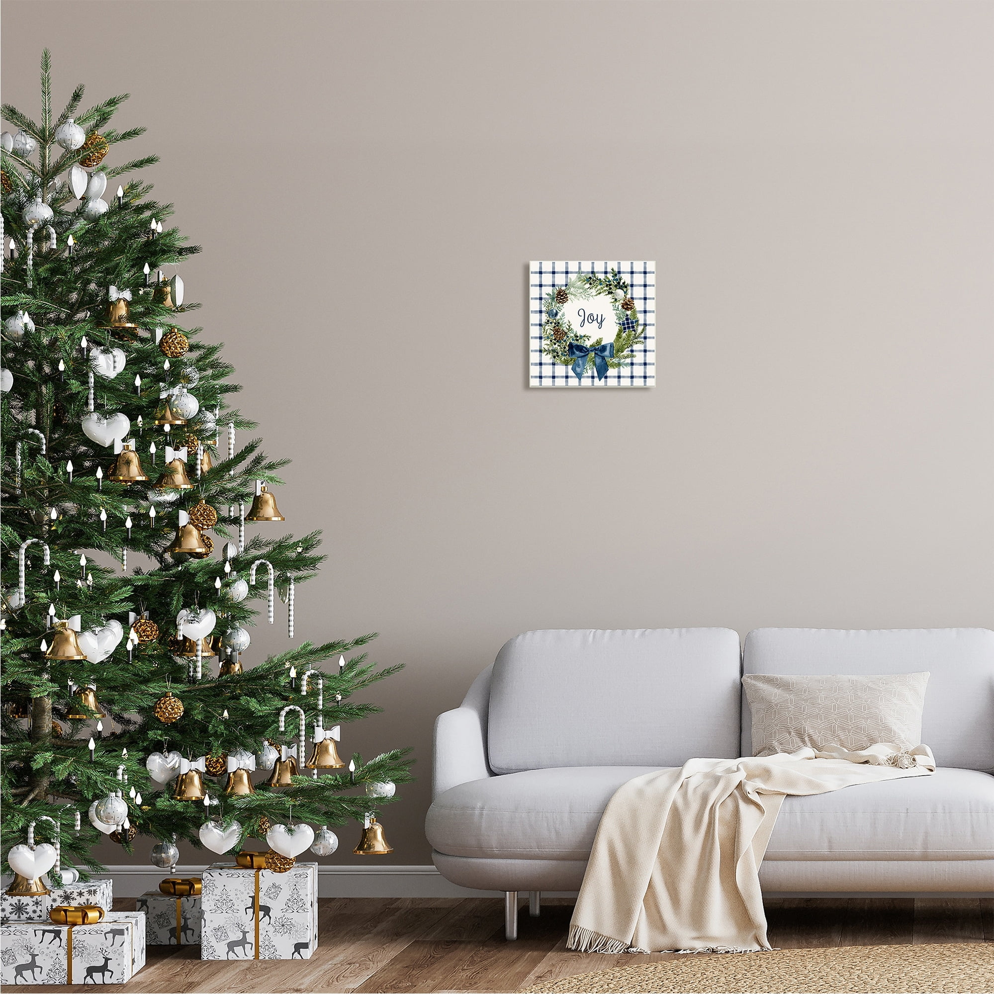 Stupell Industries Winter Joy Sentiment Rustic Pinecone Wreath Blue Plaid, 12 x 12,Design by Victoria Barnes