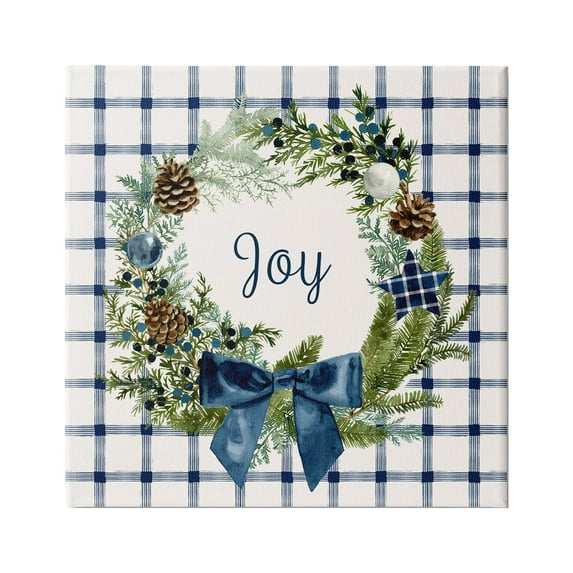Stupell Industries Winter Joy Sentiment Rustic Pinecone Wreath Blue Plaid, 17 x 17,Design by Victoria Barnes