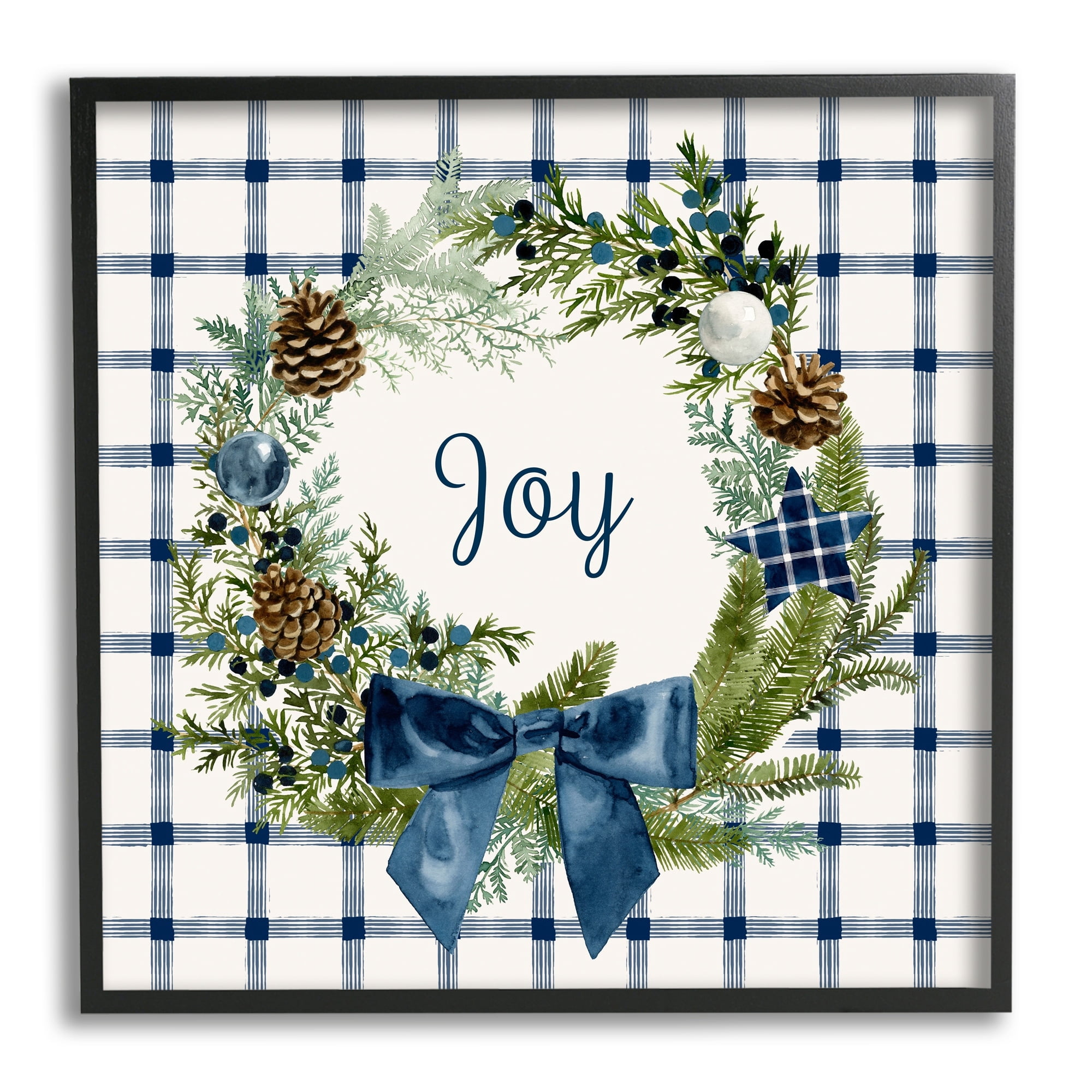 Stupell Industries Winter Joy Sentiment Rustic Pinecone Wreath Blue Plaid, 24 x 24,Design by Victoria Barnes