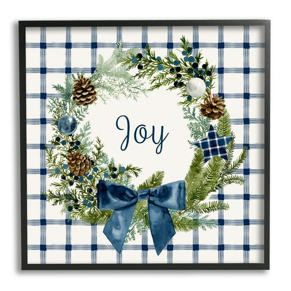 Stupell Industries Winter Joy Sentiment Rustic Pinecone Wreath Blue Plaid, 24 x 24,Design by Victoria Barnes