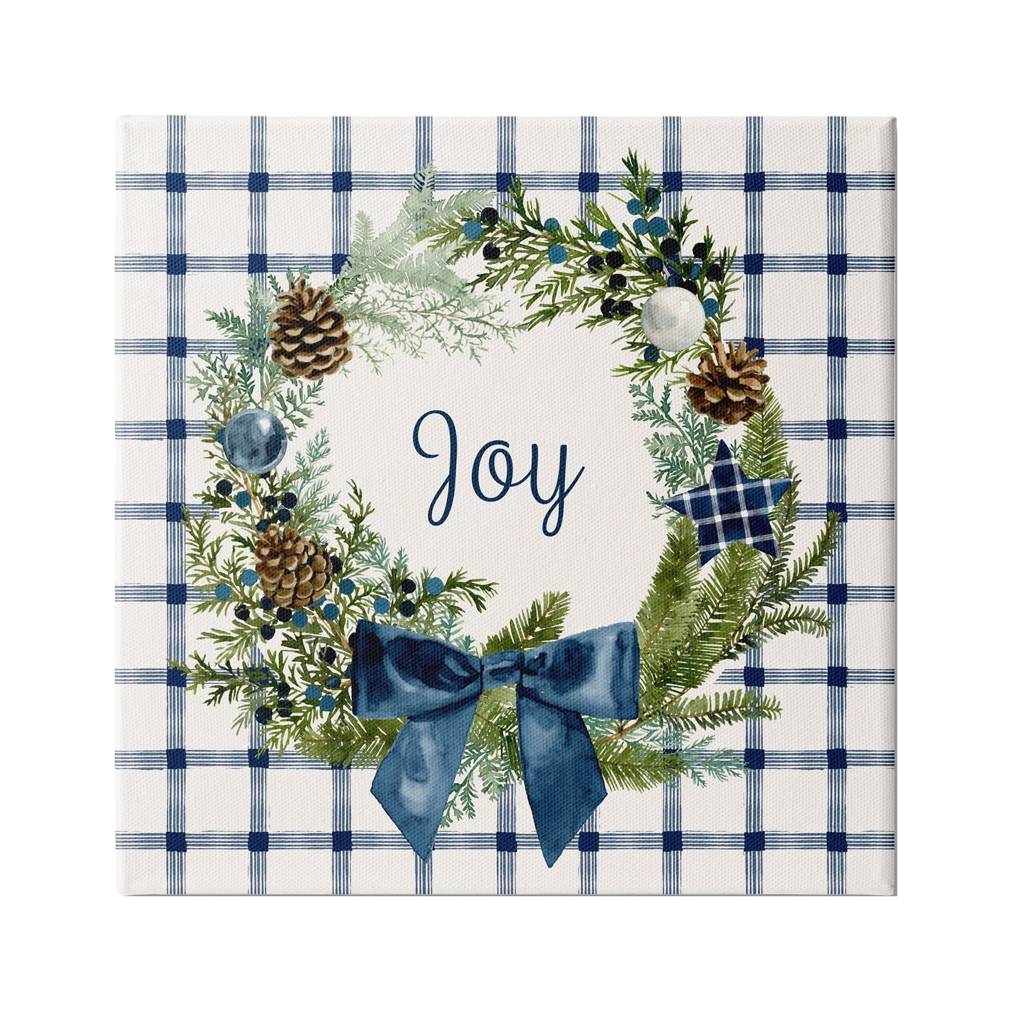 Stupell Industries Winter Joy Sentiment Rustic Pinecone Wreath Blue Plaid, 30 x 30,Design by Victoria Barnes