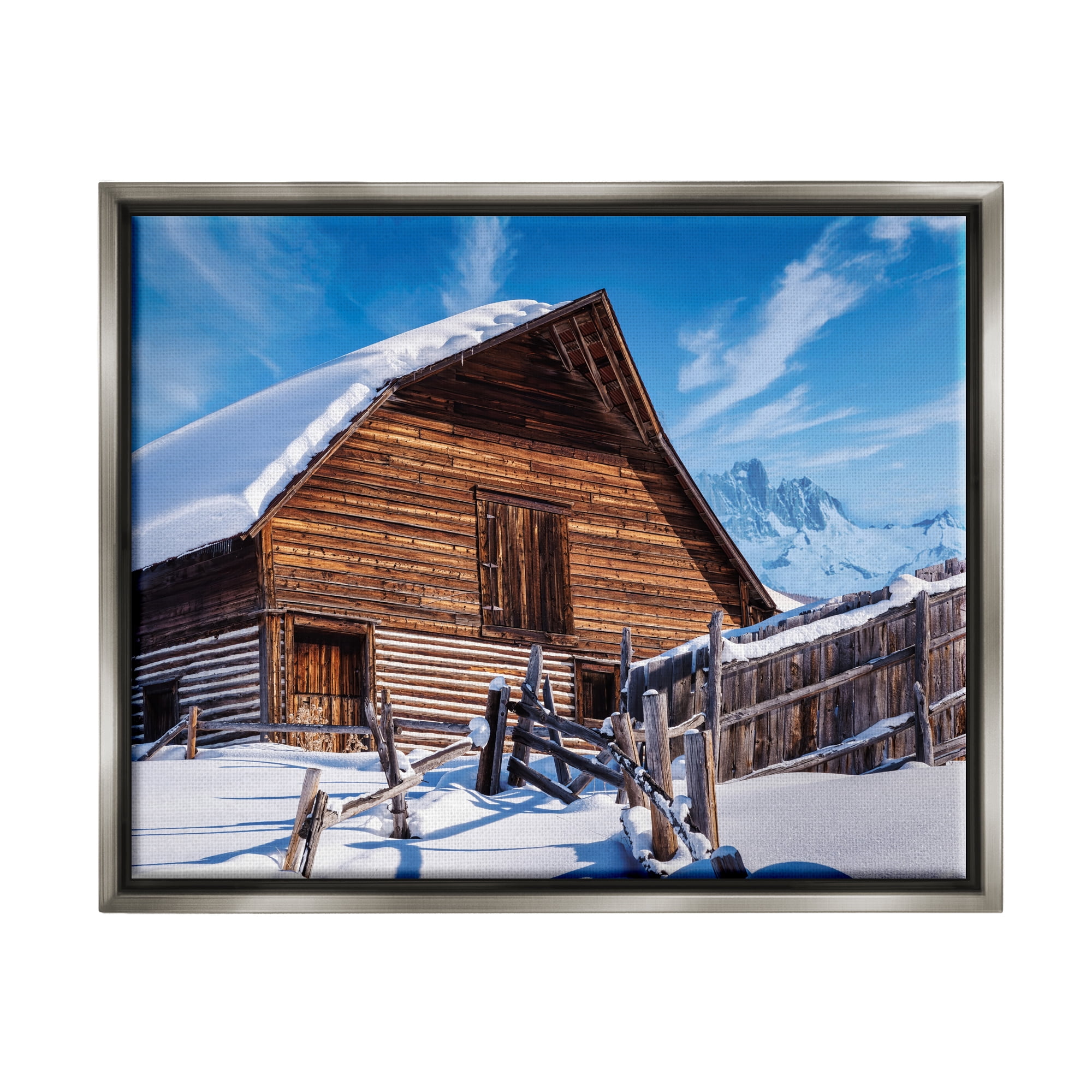 Stupell Industries Winter Log Cabin Photography Travel & Places Photography Gray Floater Framed Canvas Art Print Wall Art, 31 x 25