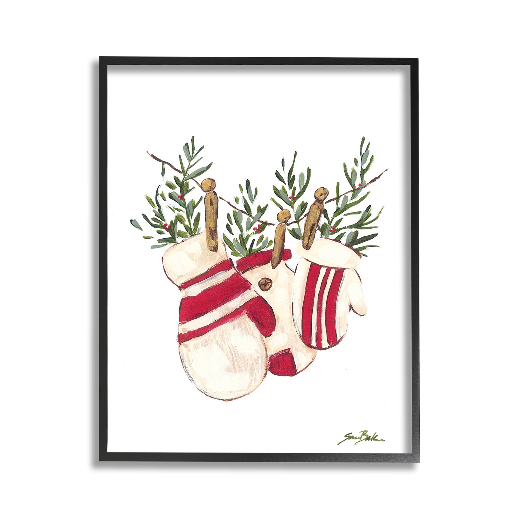 Stupell Industries Winter Mittens on Clothesline Holiday Painting Black Framed Art Print Wall Art, 11 x 14