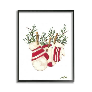 Stupell Industries Winter Mittens on Clothesline Holiday Painting Black Framed Art Print Wall Art, 11 x 14