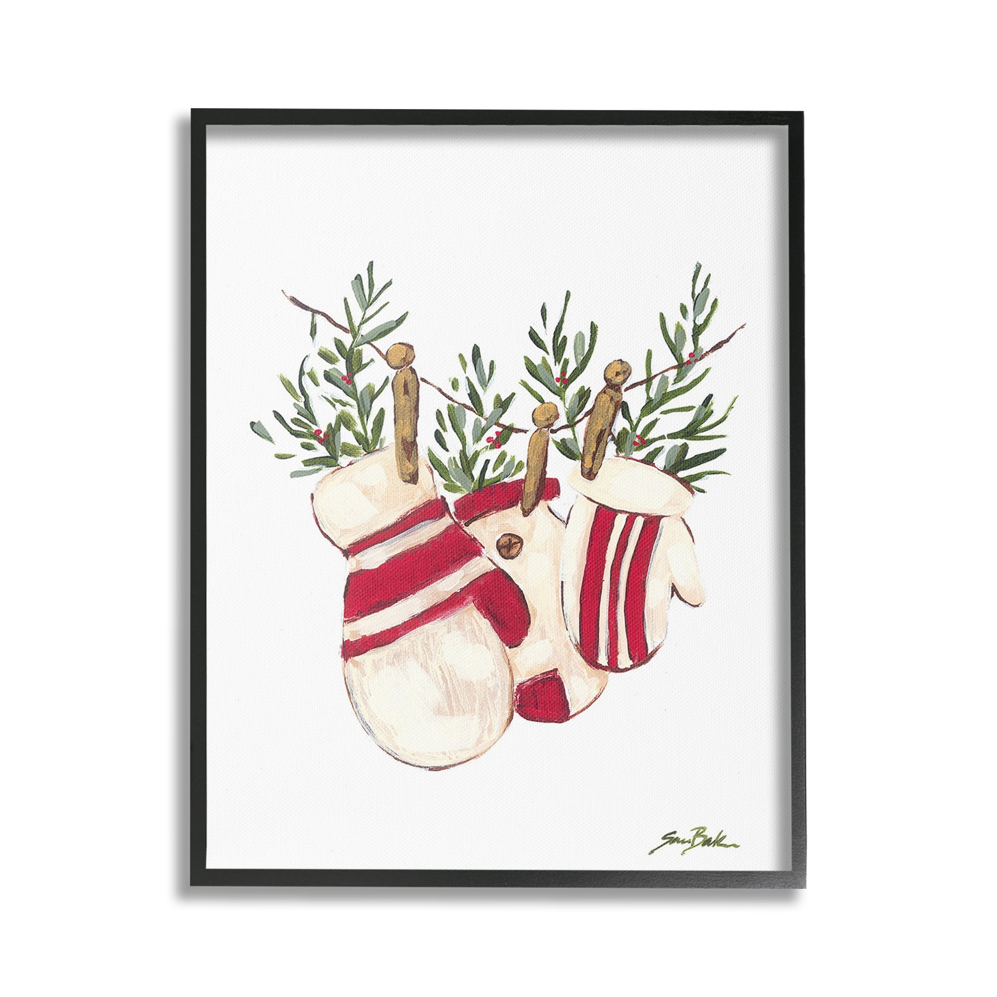 Stupell Industries Winter Mittens on Clothesline Holiday Painting Black Framed Art Print Wall Art, 16 x 20