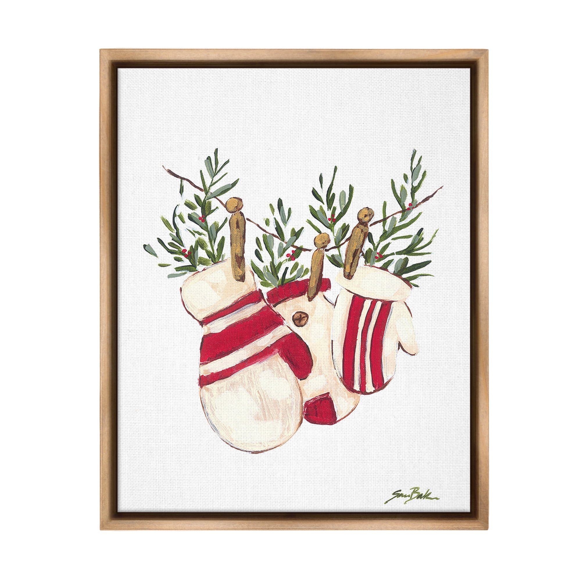 Stupell Industries Winter Mittens on Clothesline Holiday Painting Brown Floater Framed Canvas Art Print Wall Art, 25 x 31