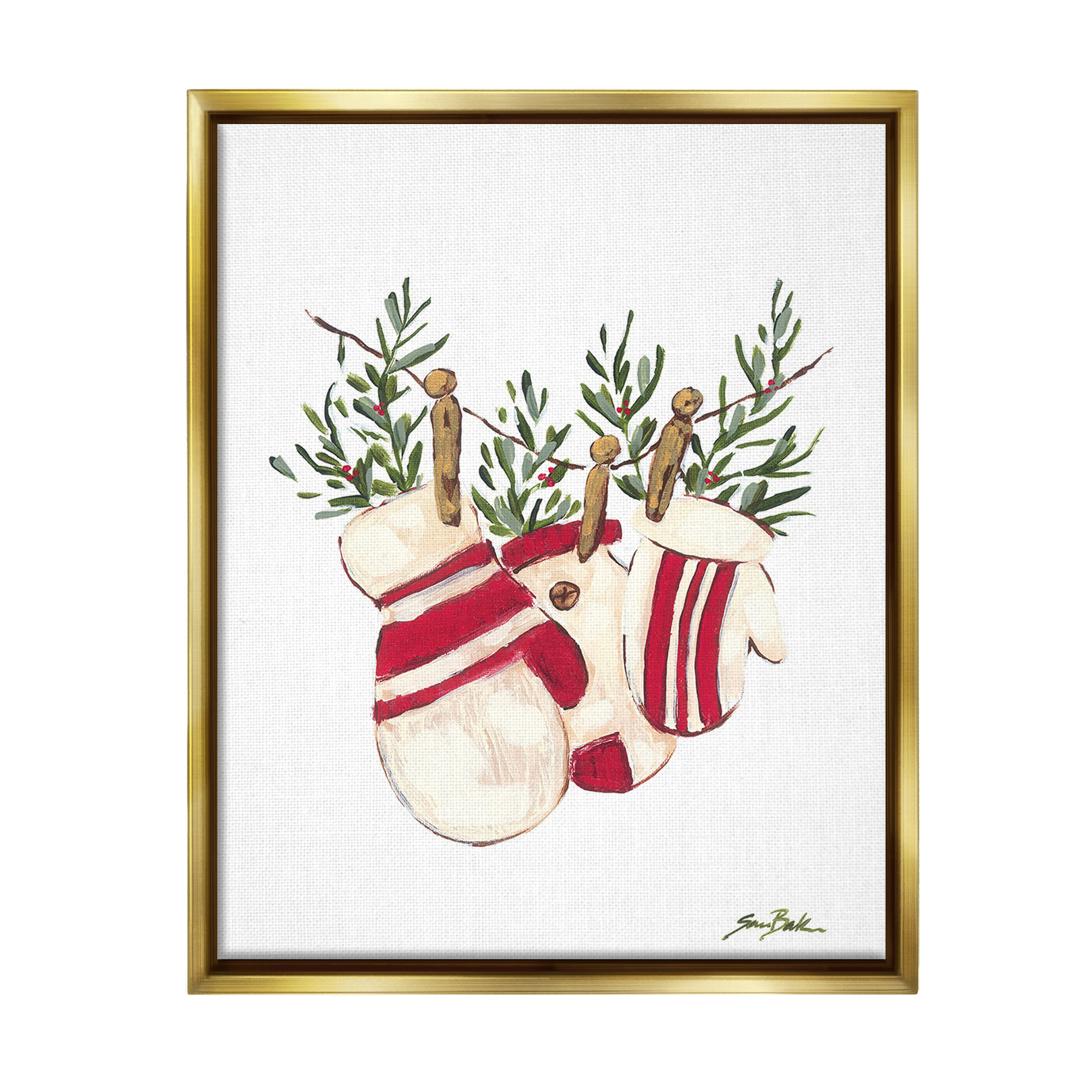Stupell Industries Winter Mittens on Clothesline Holiday Painting Gold Floater Framed Canvas Art Print Wall Art, 17 x 21