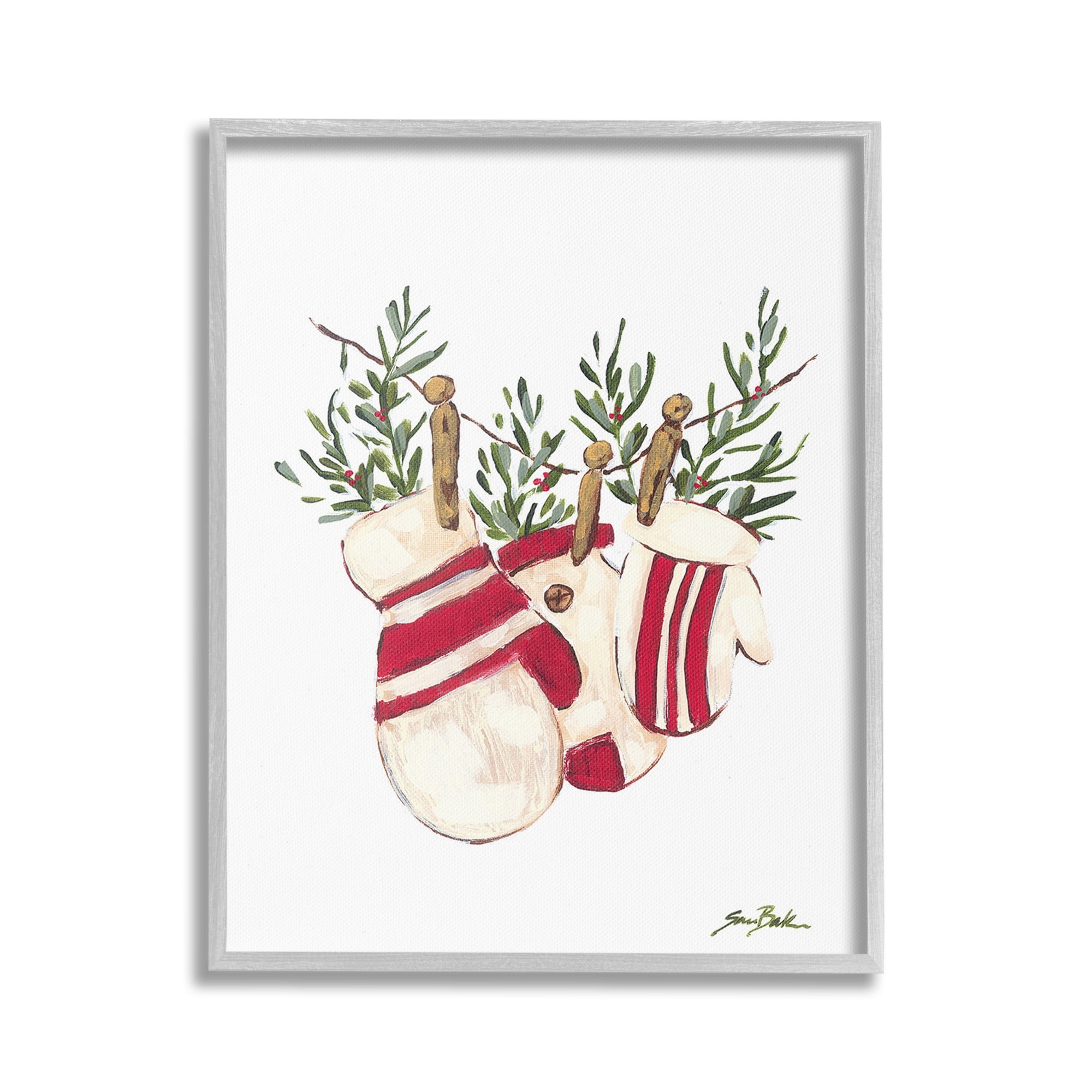 Stupell Industries Winter Mittens on Clothesline Holiday Painting Gray Framed Art Print Wall Art, 24 x 30