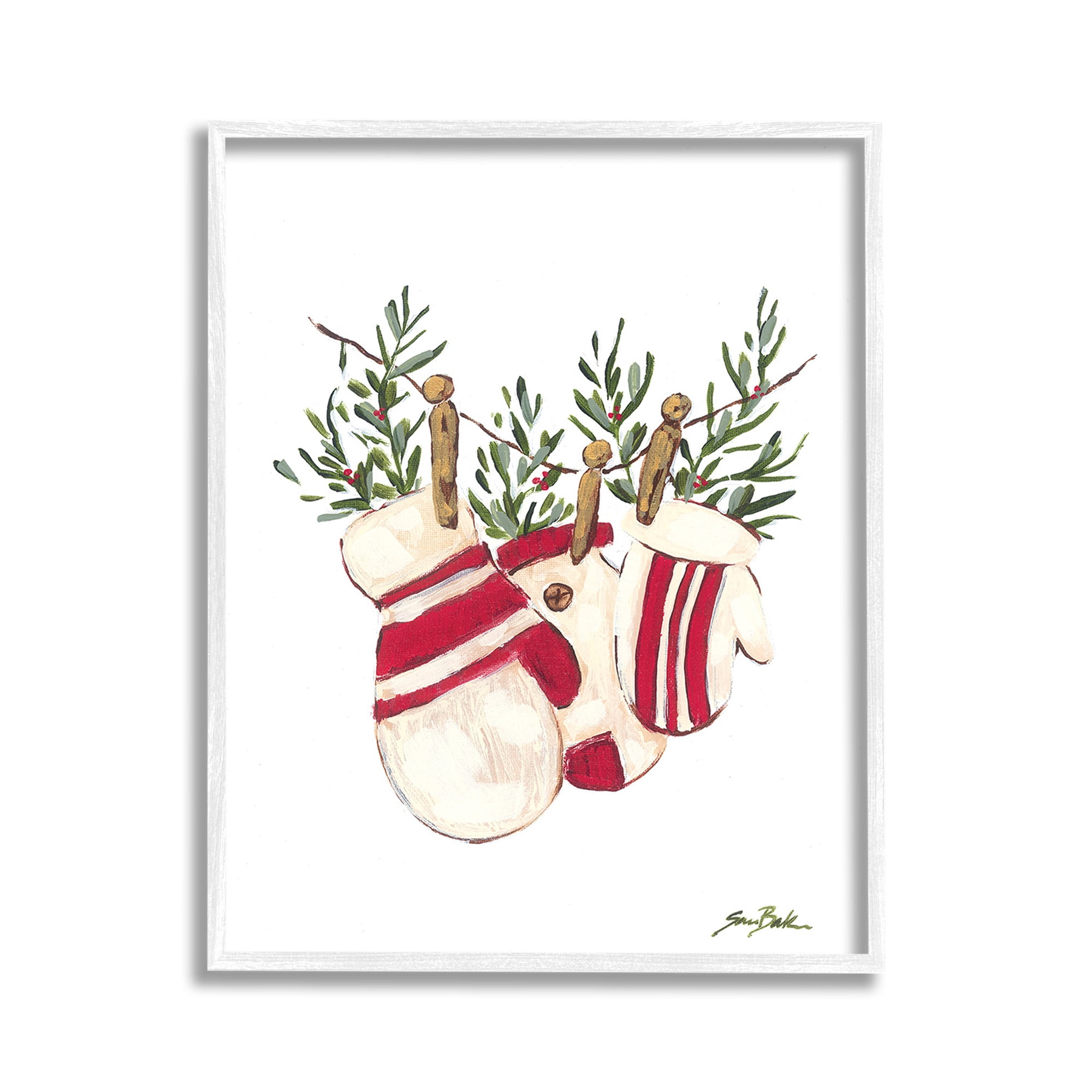 Stupell Industries Winter Mittens on Clothesline Holiday Painting White Framed Art Print Wall Art, 11 x 14