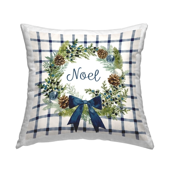 Stupell Industries Winter Noel Holiday Plaid Botanical Pinecone Wreath Design by Victoria Barnes Throw Pillow