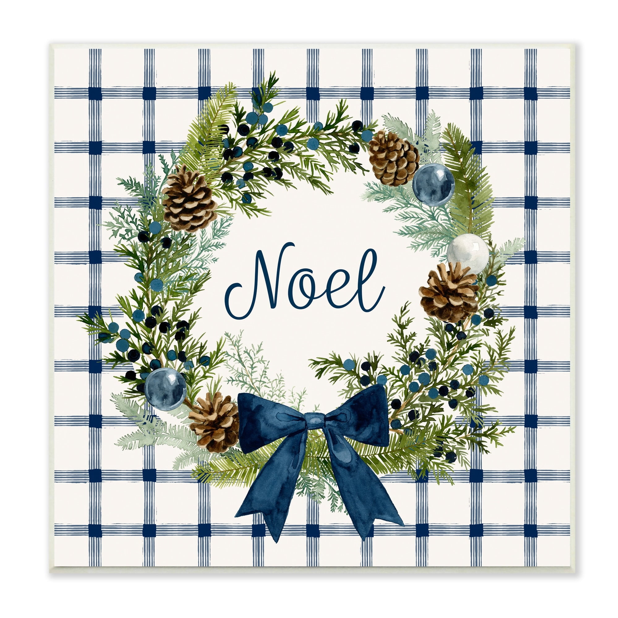 Stupell Industries Winter Noel Sentiment Pinecone Wreath Blue Plaid, 12 x 12,Design by Victoria Barnes