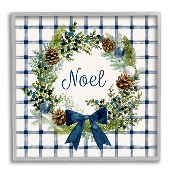 Stupell Industries Winter Noel Sentiment Pinecone Wreath Blue Plaid, 24 x 24,Design by Victoria Barnes