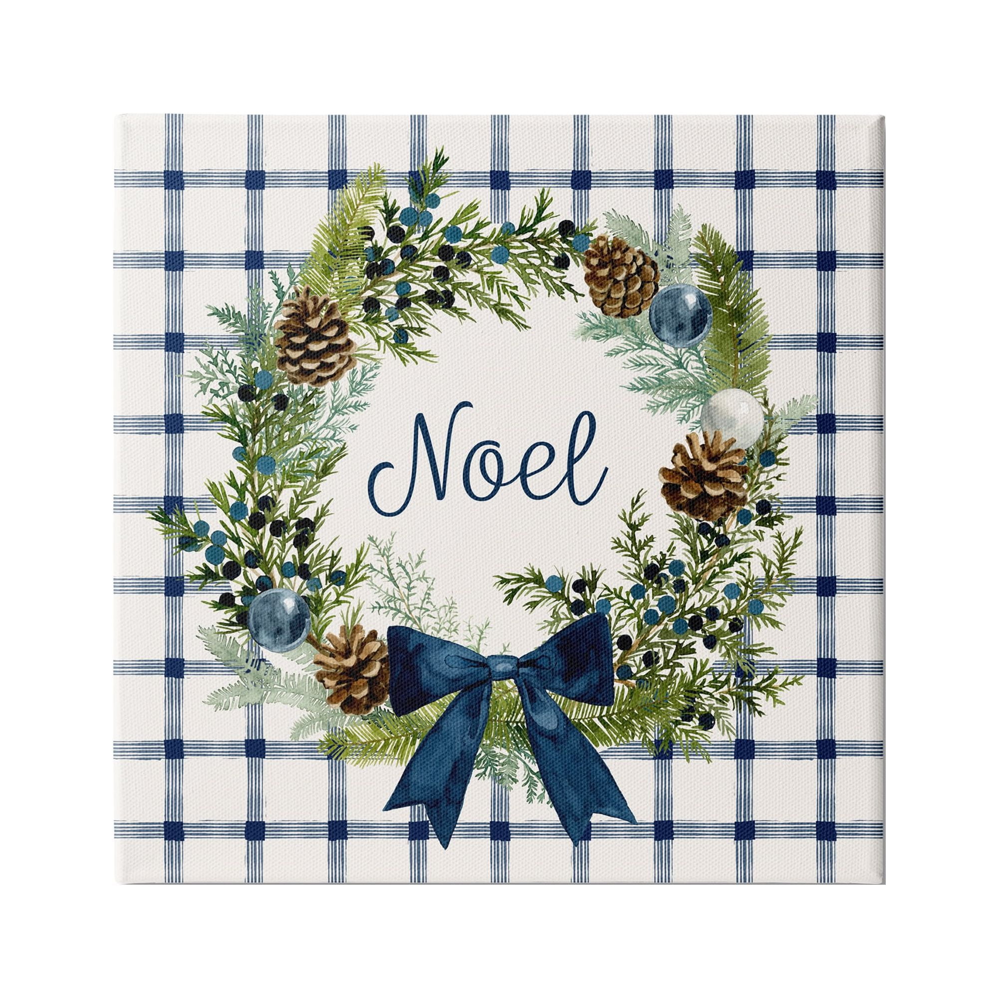Stupell Industries Winter Noel Sentiment Pinecone Wreath Blue Plaid, 24 x 24,Design by Victoria Barnes