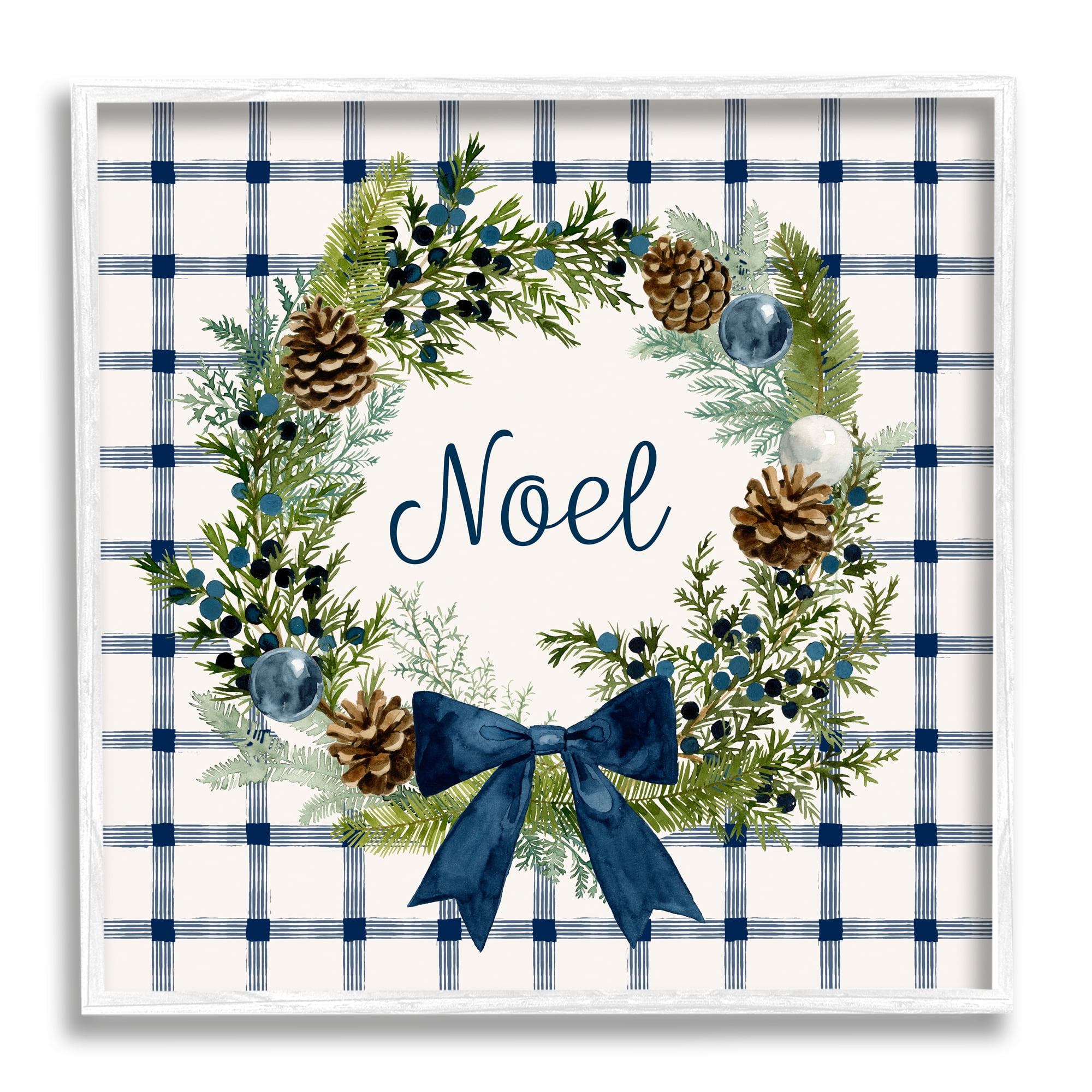 Stupell Industries Winter Noel Sentiment Pinecone Wreath Blue Plaid, 24 x 24,Design by Victoria Barnes